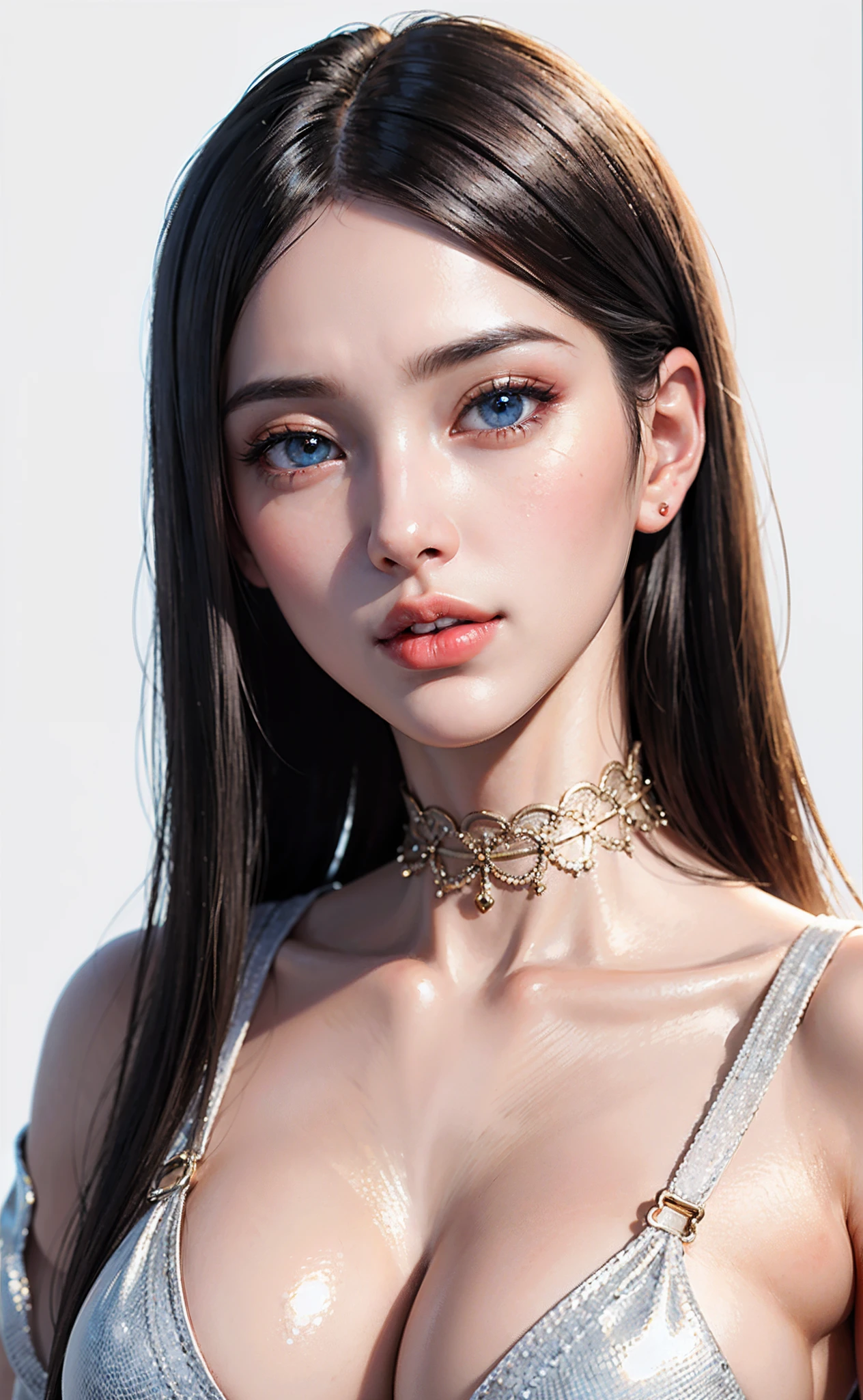 Top Quality, Ultra High Definition, (Photorealistic: 1.4), (Detailed Beautiful Girl: 1.4), (Medium: 0.8), looking_at_viewer, Detailed Facial Details, Beautiful Detailed Eyes, Blue Eyes, Slender, Unforgettable Smile, (Makeup: 0.3), Red Lips, Highly Detailed Clothes, (ulzzang-6500-v1.1: 0.3), Best Quality, White Skin, Real Human Skin, ( Detailed), Oval Face, Pore, Ultra High Resolution, (8k, RAW Photos, Photorealistic: 1.4), One Woman, Slim, (Gentle and Goddess-like Eyes) Happiness: 1.2), (Lip Gloss, Eyelashes, Clear Double, Transparent Eyes, Gloss Face, Top Quality, Ultra High Definition, Wide Lighting, Natural Shading), Random Outfit, Oversized jacket, fashion shirt, white background, light background, big breasts, gloss on chest, gloss on face, gloss on skin, glossy skin, fresh breeze, straight hair, short bob hair, bangs, long neck, choker
