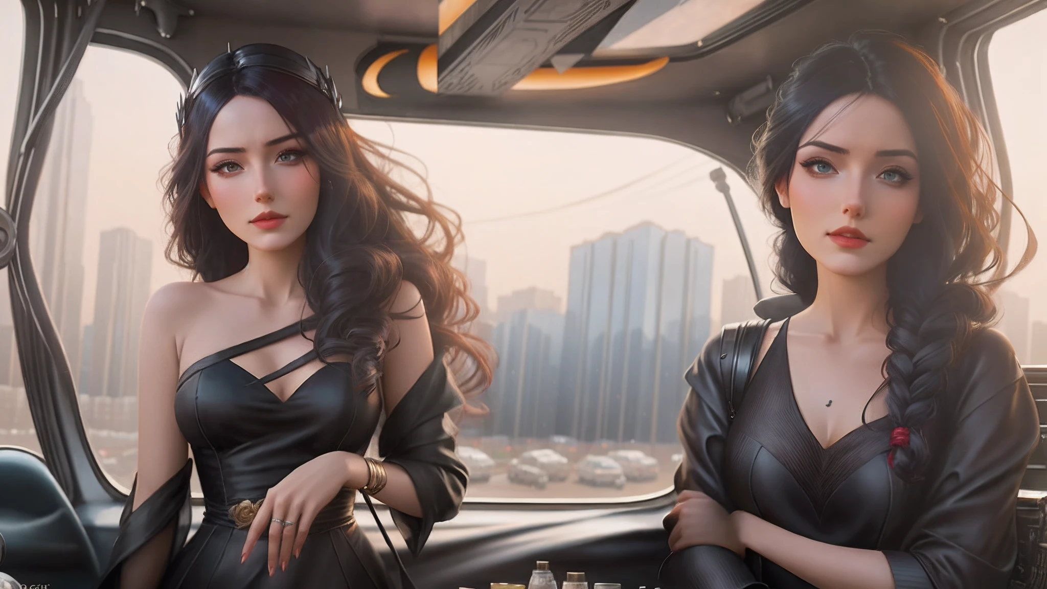 (araffe image, masterpiece)(in forground 3 happy Asian girls, cute, sweet faces) (in background smoke, fire, burning car, destruction) Tarantino aesthetic, retro, vintage, HD, 8x, intricate, Euro-Sleaze aesthetic, Italian fumetto vibe, by Elmer Batters, by Eric Kroll, by Richard Kern, by Frazetta, by Brian Bolland, by Neil Adams, intricate details, perfect face, perfect body, classic masterpiece,