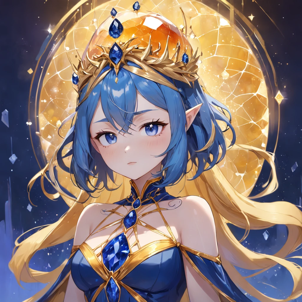 In the concept art of Kinsona "Honey Sapphire",A queen，Plump She is portrayed as a majestic and fascinating gemstone. His slender figure was wrapped in a long amber tunic, Decorated with delicate sapphire blue details，Reminiscent of delicate spider webs. Your flowing hair, Soft gradient from gold to blue, It poured down his shoulders, Enhanced by sparkling small crystals that capture light. His eyes sparkled like stars, Reflects the duality of its gemstone color. His hands, on the other hand, showed slender fingers，It is decorated with rings that seem to radiate energy. With an air of mystery and power, "Honey Sapphire" conveys an aura of wisdom and elegance, Become an imposing figure in the Gem Universe，