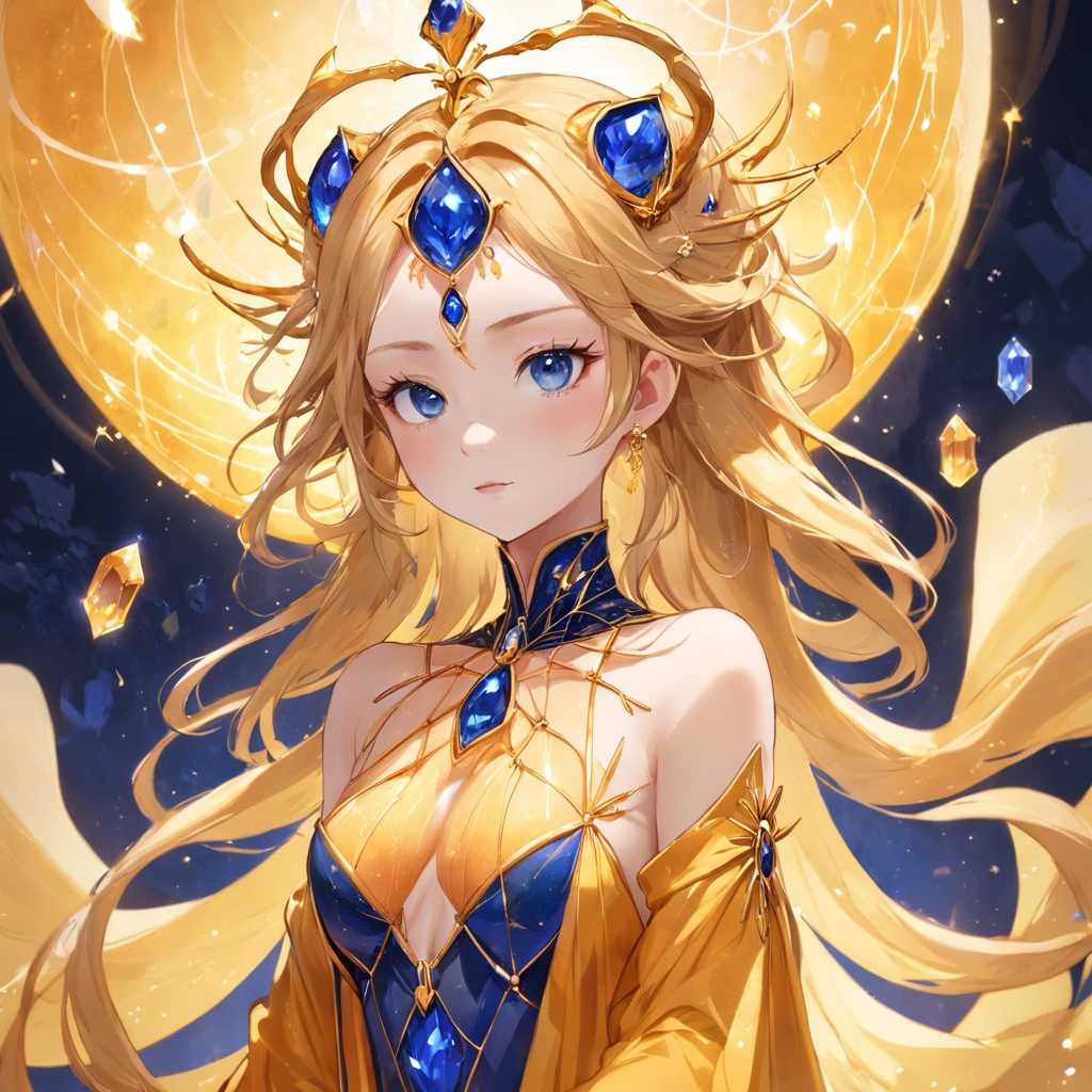 In the concept art of Kinsona "Honey Sapphire",A queen,Plump She is portrayed as a majestic and fascinating gemstone. His slender figure was wrapped in a long amber tunic, Decorated with delicate sapphire blue details,Reminiscent of delicate spider webs. Your flowing hair, Soft gradient from gold to blue, It poured down his shoulders, Enhanced by sparkling small crystals that capture light. His eyes sparkled like stars, Reflects the duality of its gemstone color. His hands, on the other hand, showed slender fingers,It is decorated with rings that seem to radiate energy. With an air of mystery and power, "Honey Sapphire" conveys an aura of wisdom and elegance, Become an imposing figure in the Gem Universe,