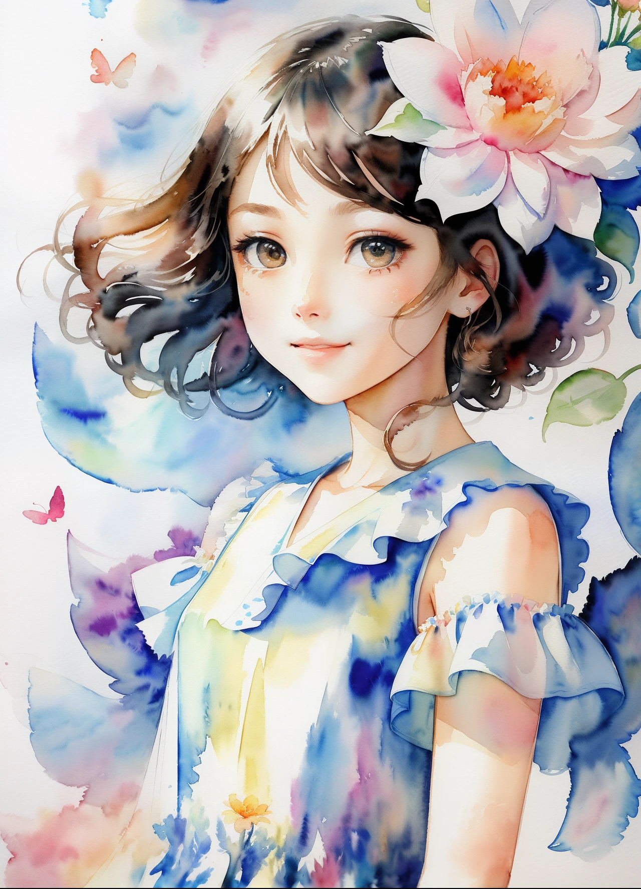 (tmasterpiece、top-quality、illustratio、Extremely high quality、high-level image quality、Brush strokes in watercolor)A slight smile、Young girls、She has a large bouquet、Lovely dress、Hair fluttering in the wind