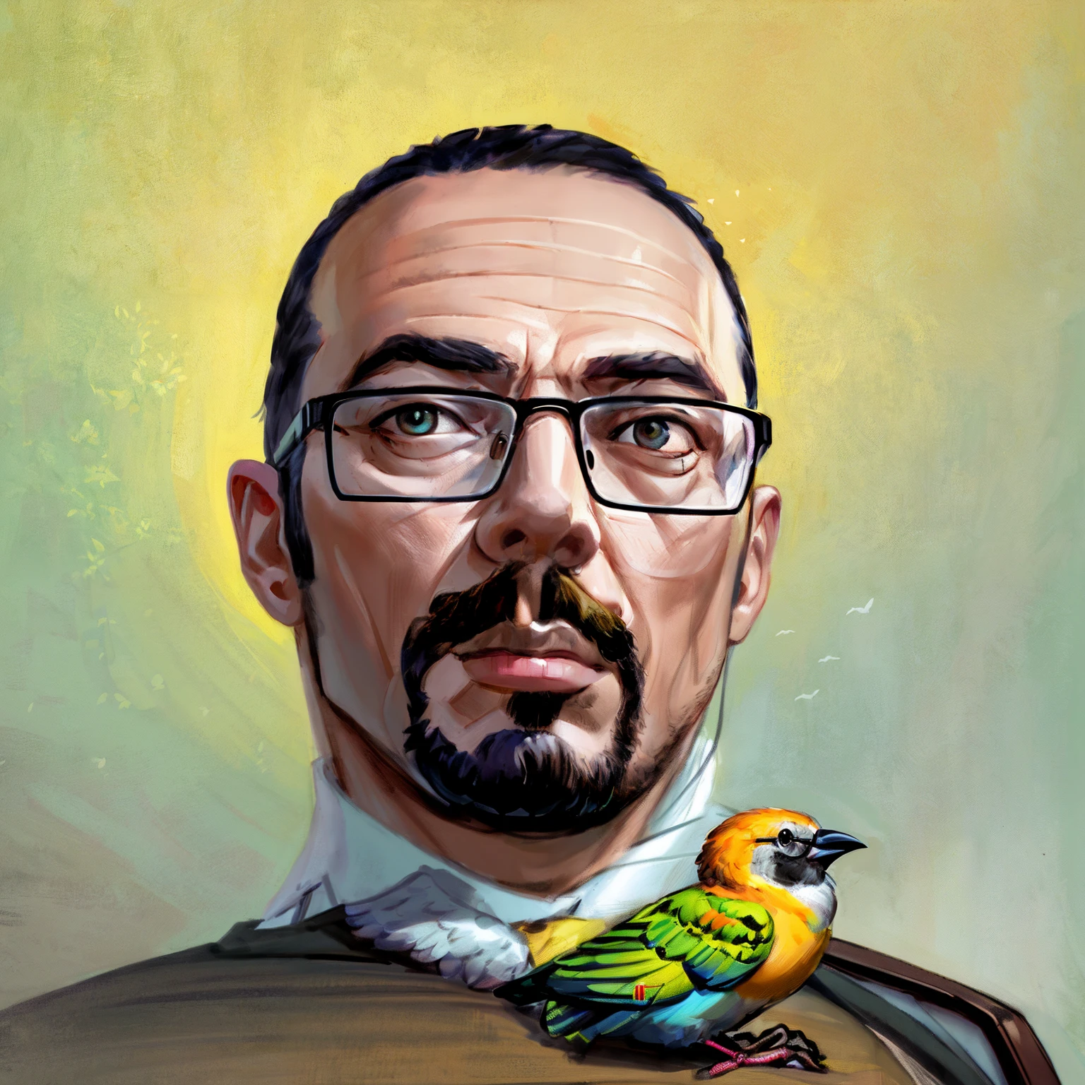 illustration of a man with glasses and a bird on his shoulder, nft portrait, 2d portrait, digital illustration portrait, high quality portrait, portrait illustration, detailed illustration portrait, ai self portrait, digital portrait, digital art portrait, aykut aydogdu, digitalportrait, epic portrait illustration, inspired by Ahmed Yacoubi, amr elshamy, profile portrait