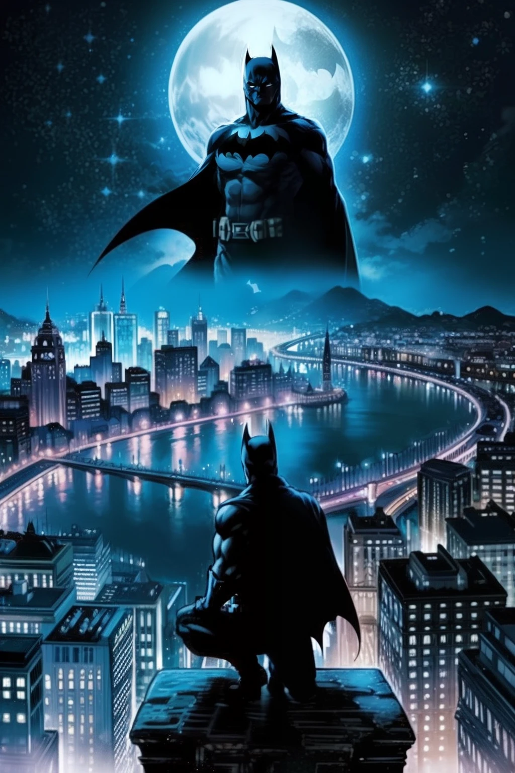 Romantic Batman, Gotham cidade musical, introspetivo, saudoso, charmoso, forte e musculoso, Cidade de Lago de Gotham. dark ilumination.