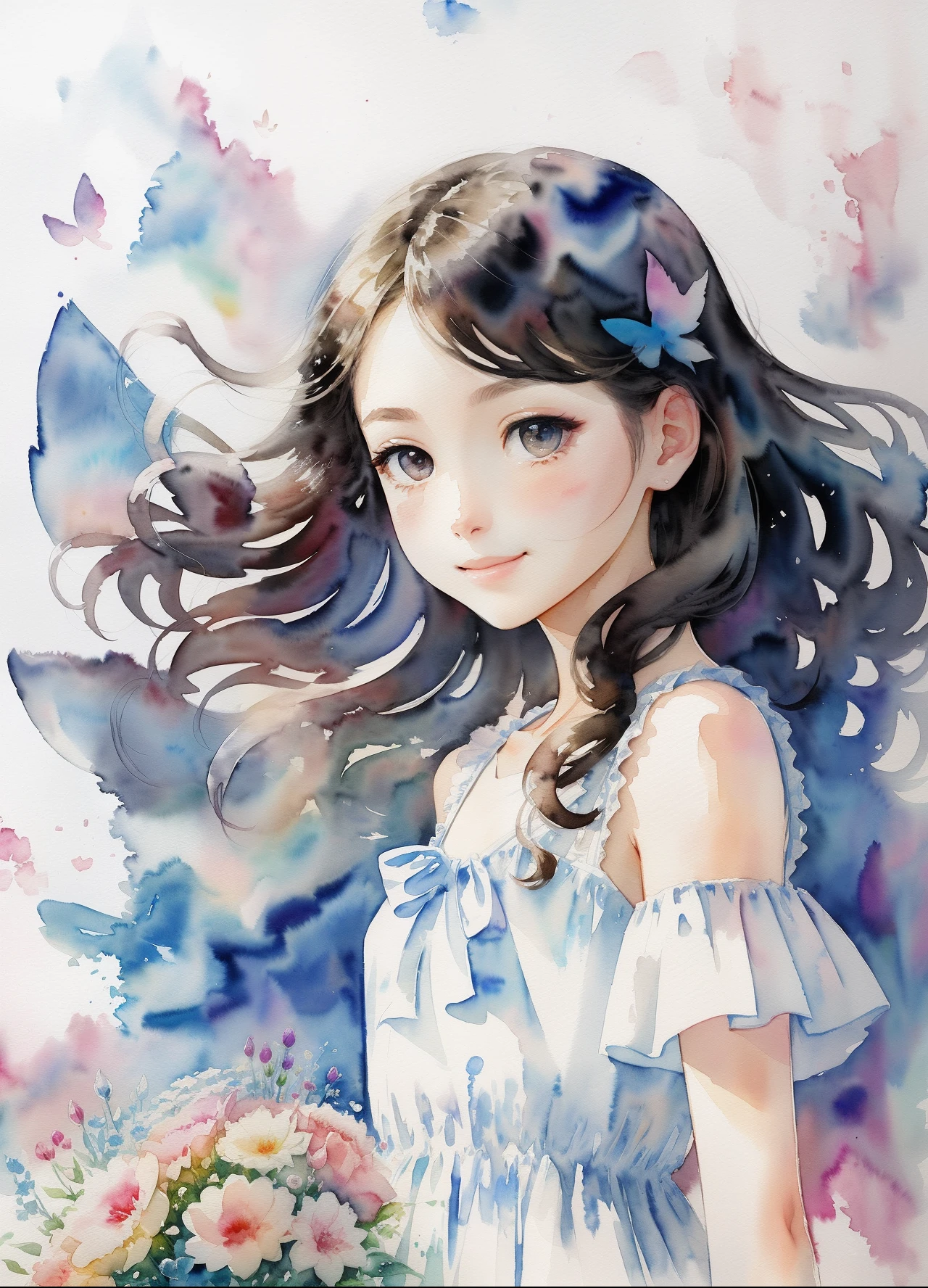 (tmasterpiece、top-quality、illustratio、Extremely high quality、high-level image quality、Brush strokes in watercolor)A slight smile、Young girls、She has a large bouquet、Lovely dress、Hair fluttering in the wind