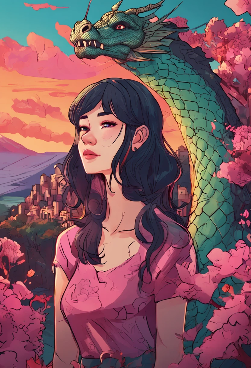 Beautiful girl and dragon,Two-dimensional style,k hd