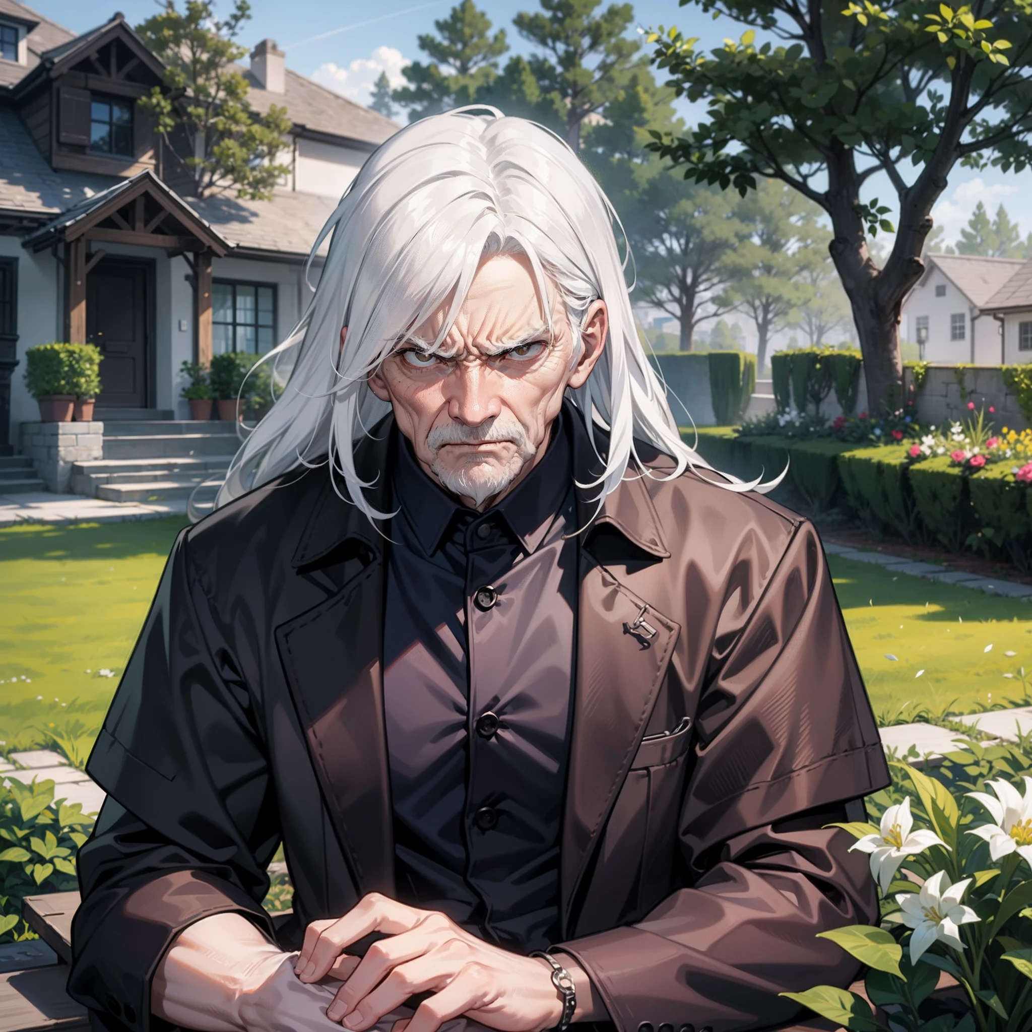 An old man,White hair,The expression is angry and angry,In the yard