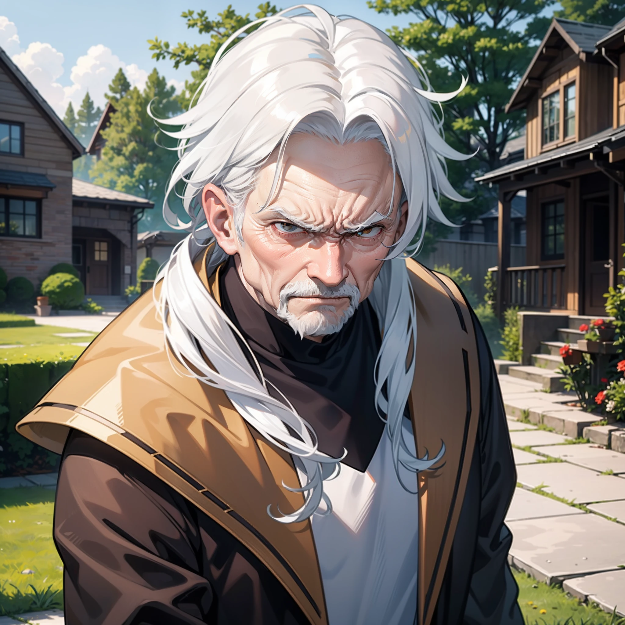 An old man,White hair,The expression is angry and angry,In the yard