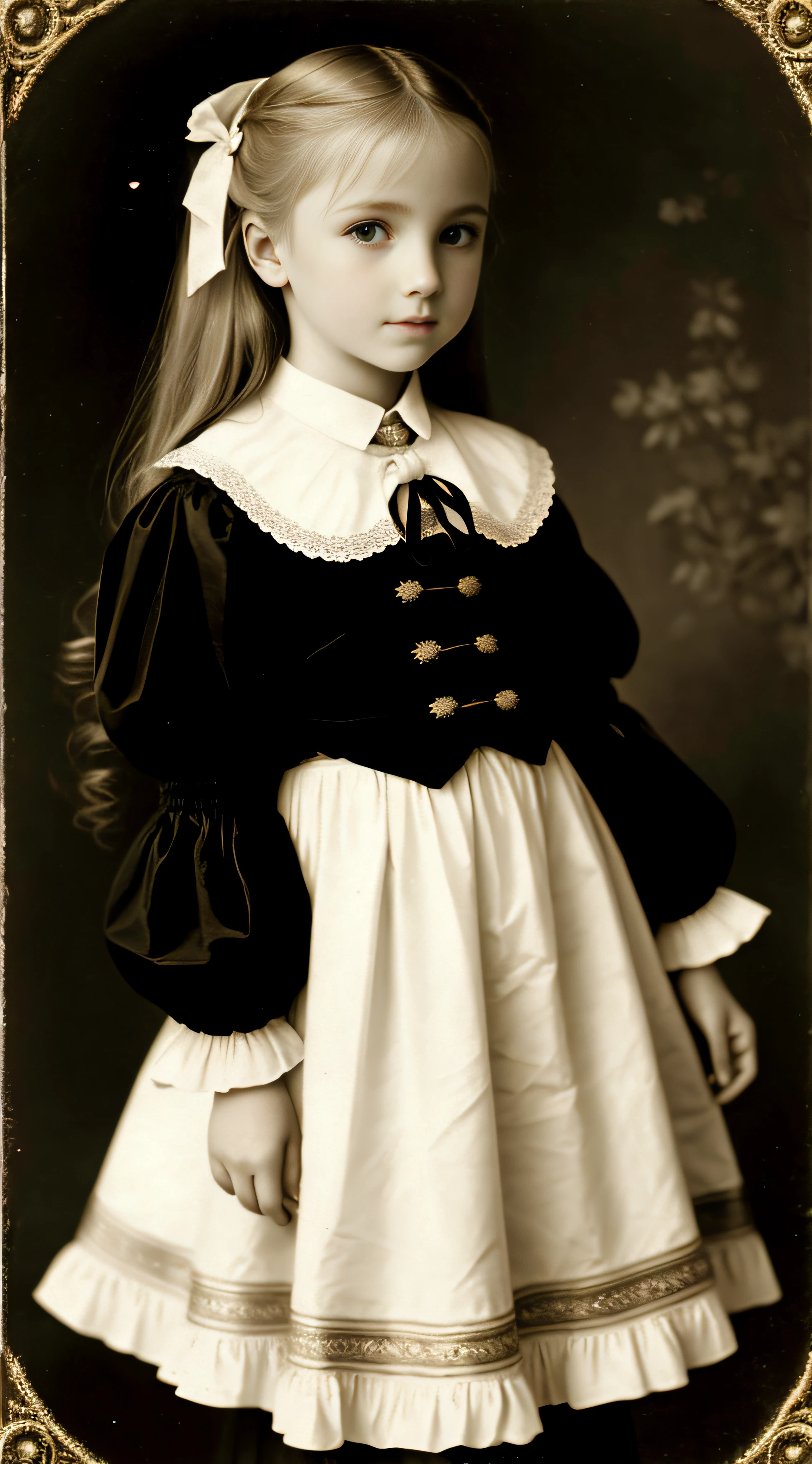 Russian, , Portrait , Long blonde hair and bow,Layered skirt,Noble,opulent,cropped shoulders