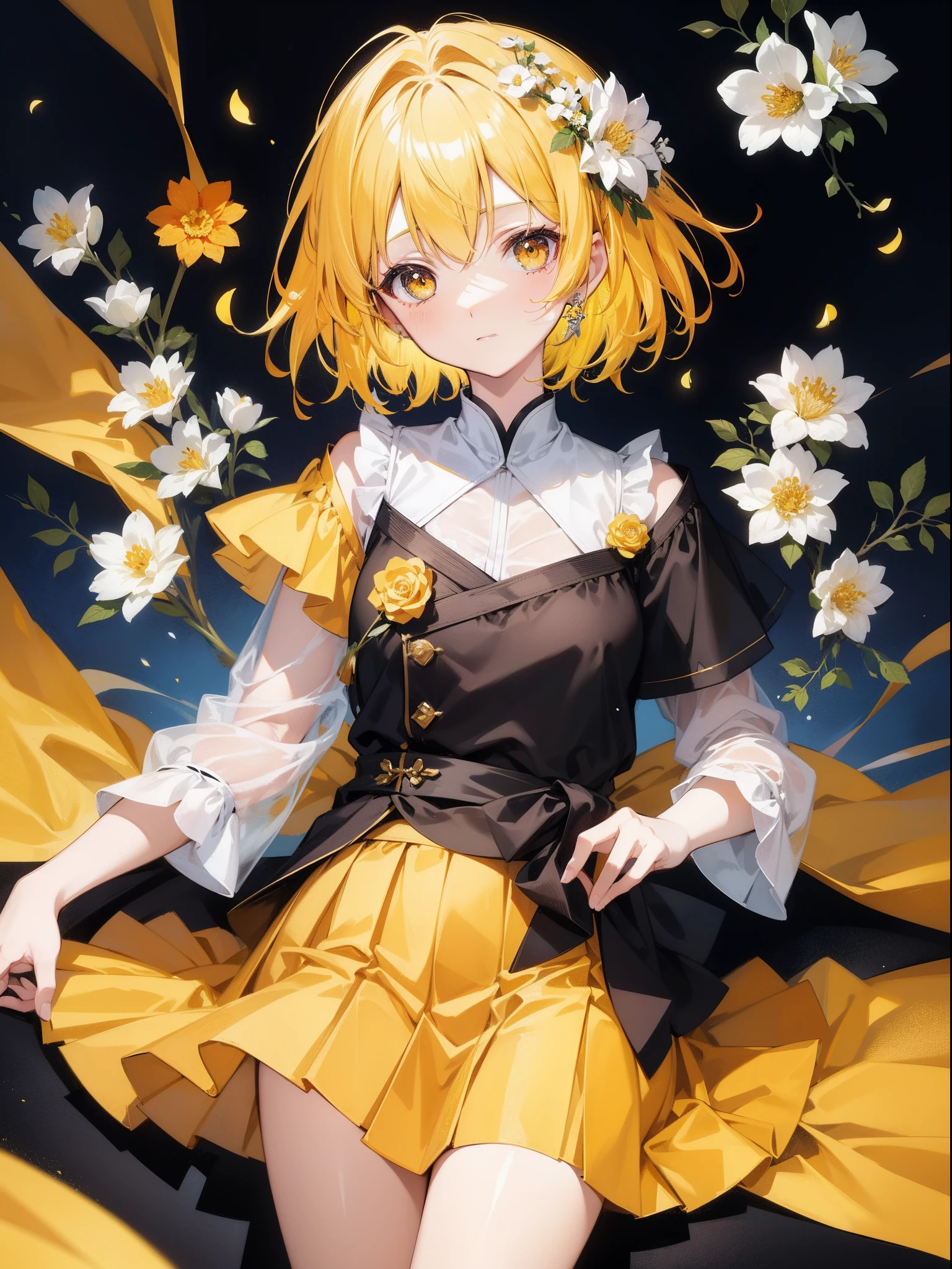 (hoang lap,A high resolution,ultra - detailed),1girll,Wear a garland,Yellow hair color,flower elements,short skirt,Medium hair,Headshot