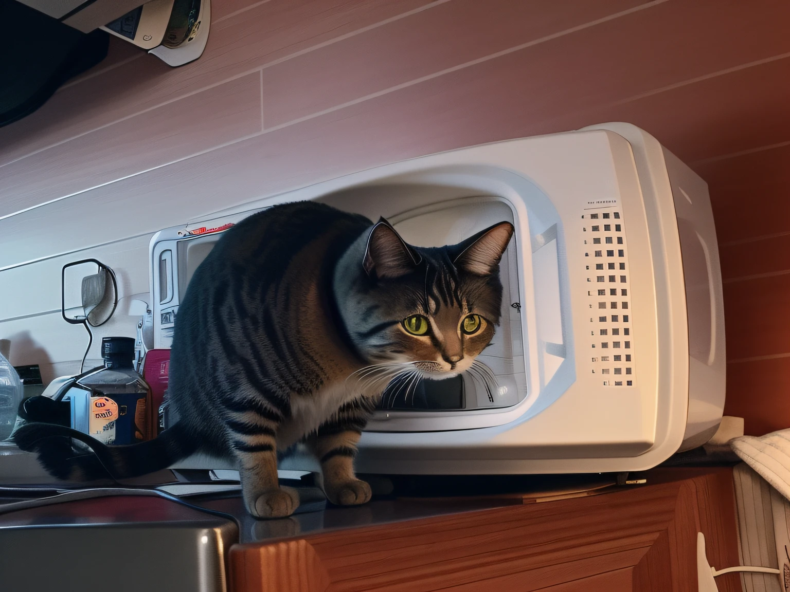 There was a cat sitting in the microwave on the counter, there is full bedpan next to him, taken with sony alpha 9, komono, in suitcase, air is being pushed around him, high quality scan, front side full, album photo, there is a cat next to her, she is looking at us