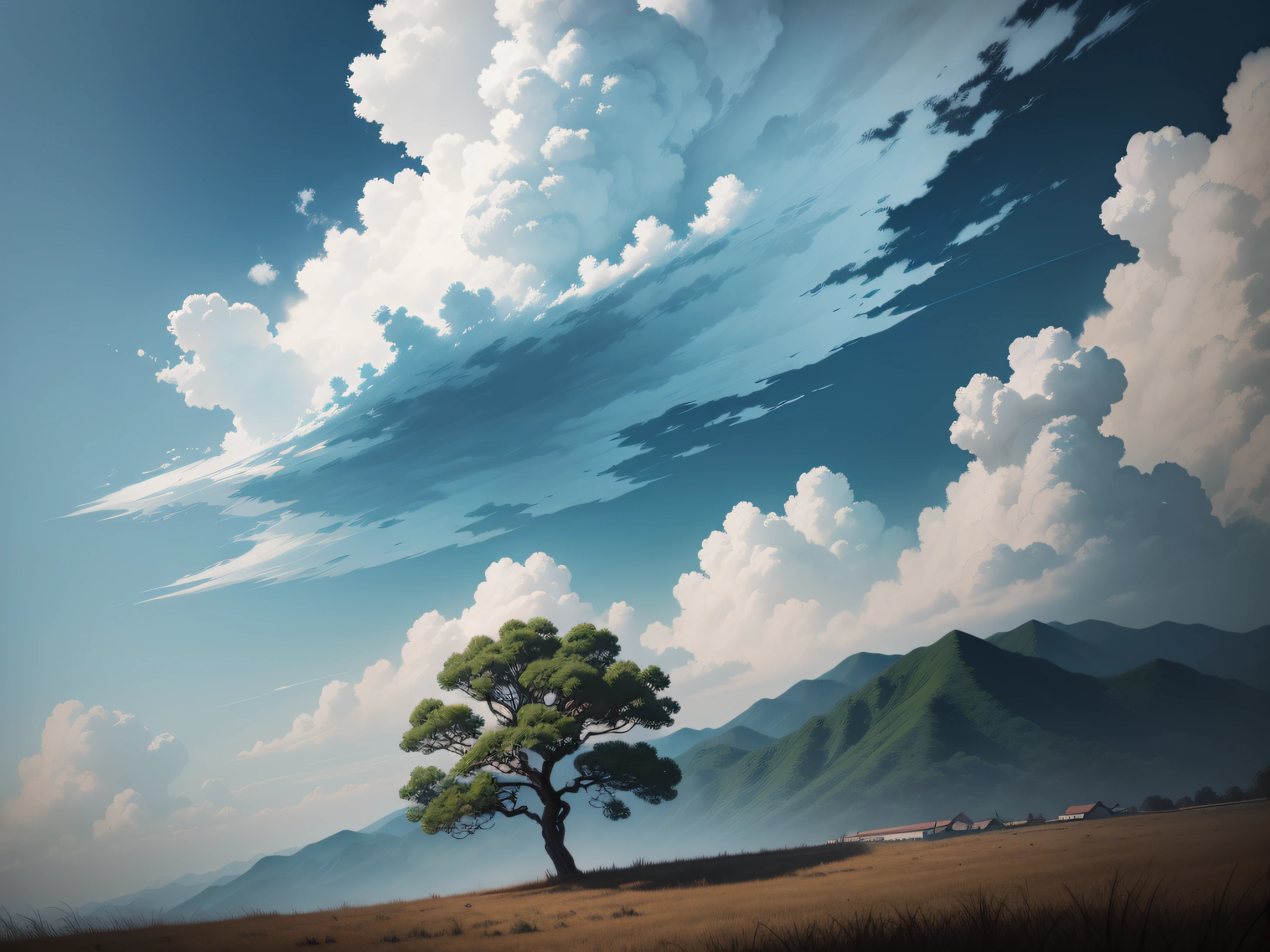 Sky and clouds drawn with a brush。during daytime。The texture of the brush remains。The tree is in the edge。