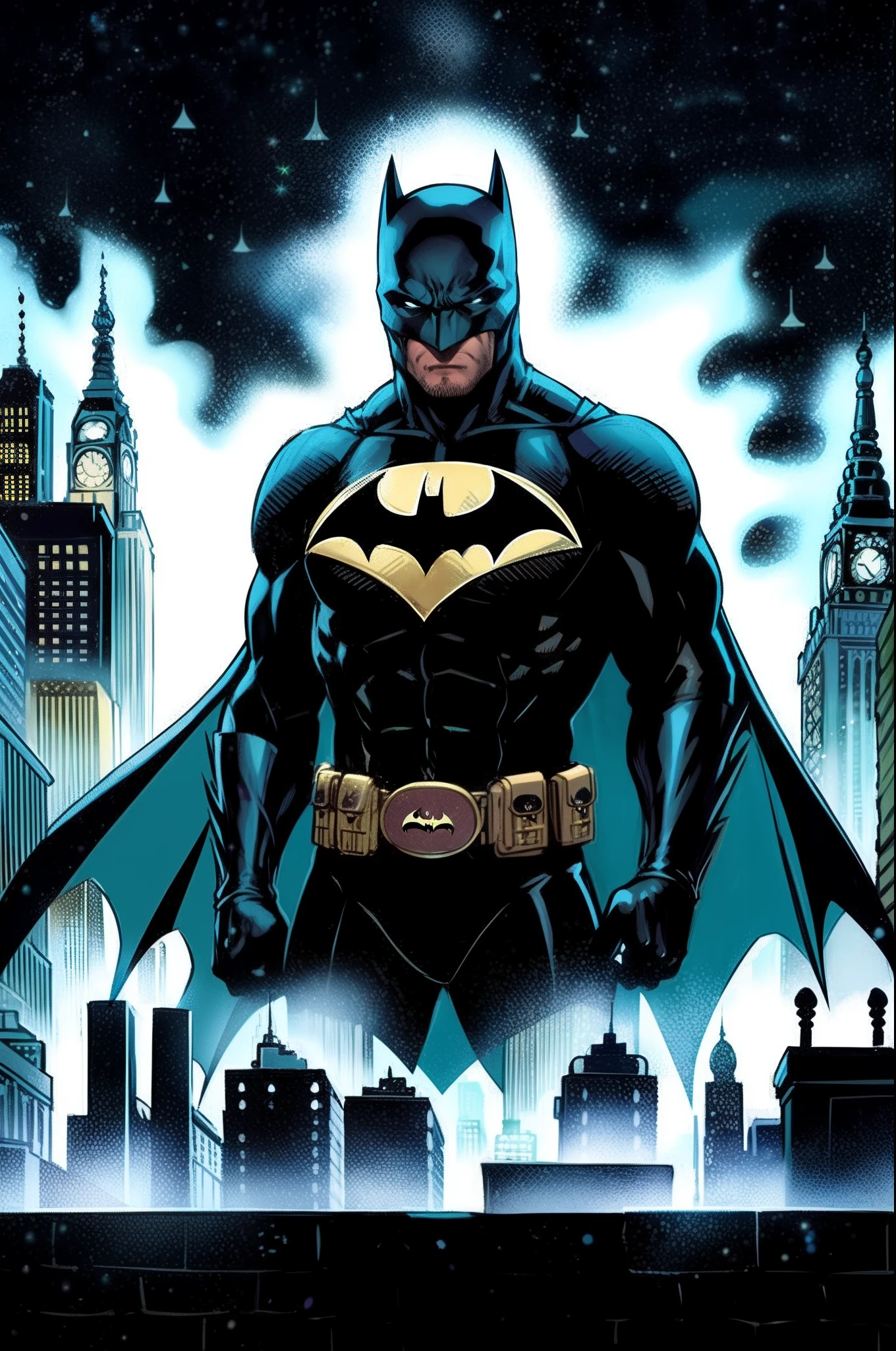 Batman standing on top of a cloak tower with his blue cape and grey costume and yellow utility belt, bat symbol on his chest