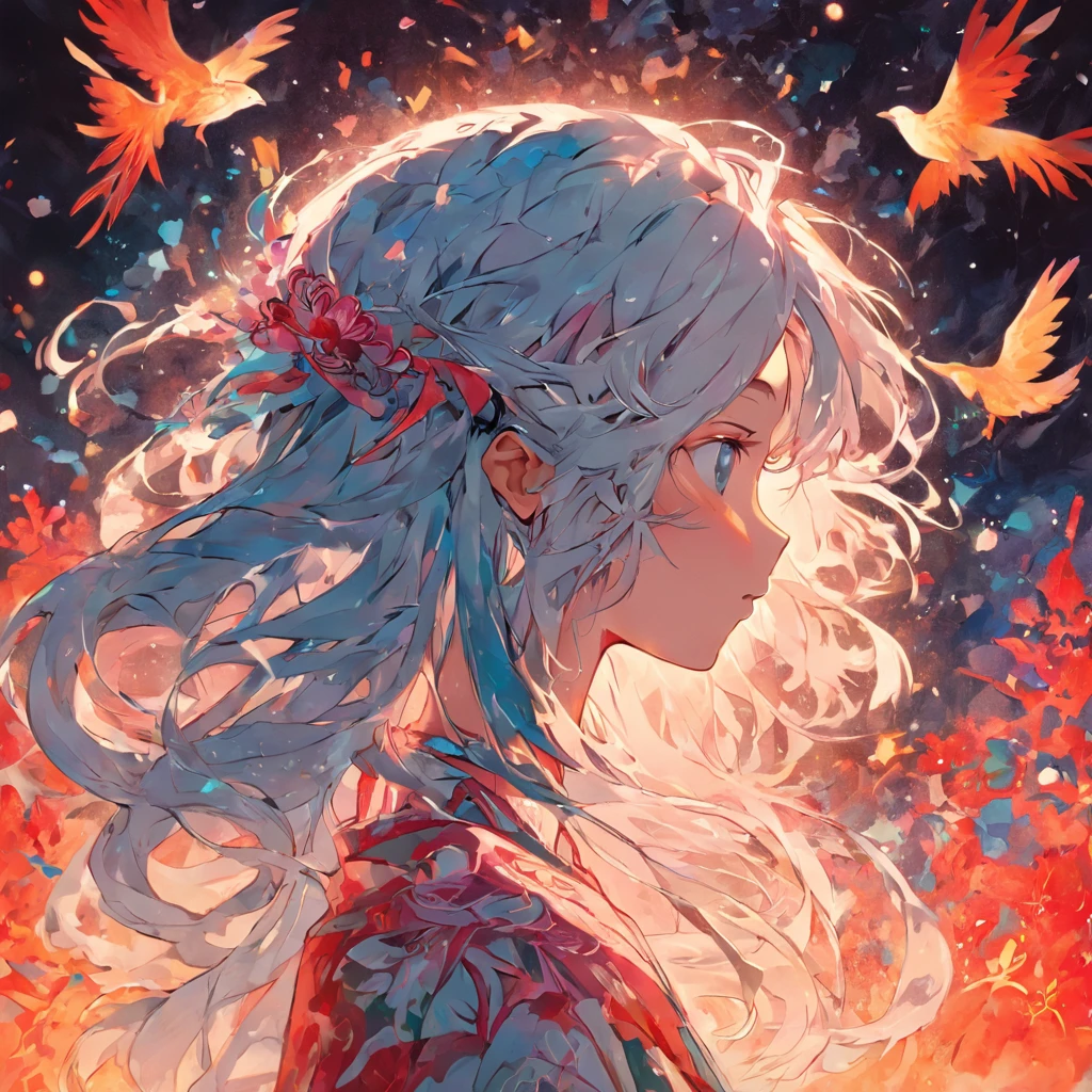 (White background:1.4),(Silhouette of a girl's head, Eyes closed, colorfull long hair, Oriental elements),(Chinese illustration:1.3,paper art:1.3, Quilted paper art:1.2),( reasonable design, Clear lines, High sharpness,Best quality, Very detailed, Masterpiece, movie light effect, 4K )