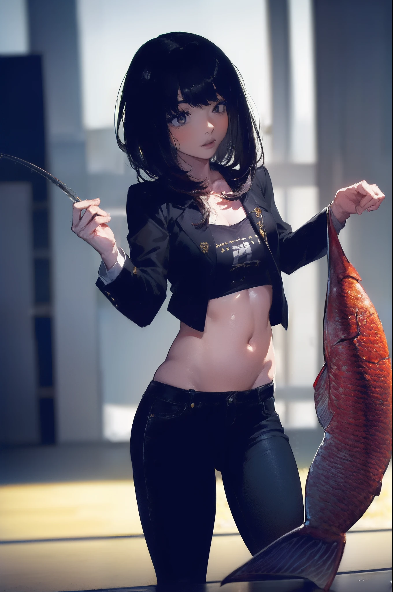 ((((catching a big fish by the lakeside:1.5)))),((Female 28 years old)),((Best Quality:1.5)),(((Hands with the correct number and structure of fingers:1.4))),((Big fish:1.37)),hight resolution,ultra-detailliert,masterpiece,best qualtiy,(Eight-headed body),Black hair, long eyes-lashes, Solid Circle Eyes, drop shadow, Atmospheric perspective,Super Detail, ccurate, small brest,(Black jacket and black jeans :1.1),top-quality, blurry backround, bokeh dof:1.2, (masterpiece:1.3), Atmospheric perspective,Super Detail,dynamic compositions,
