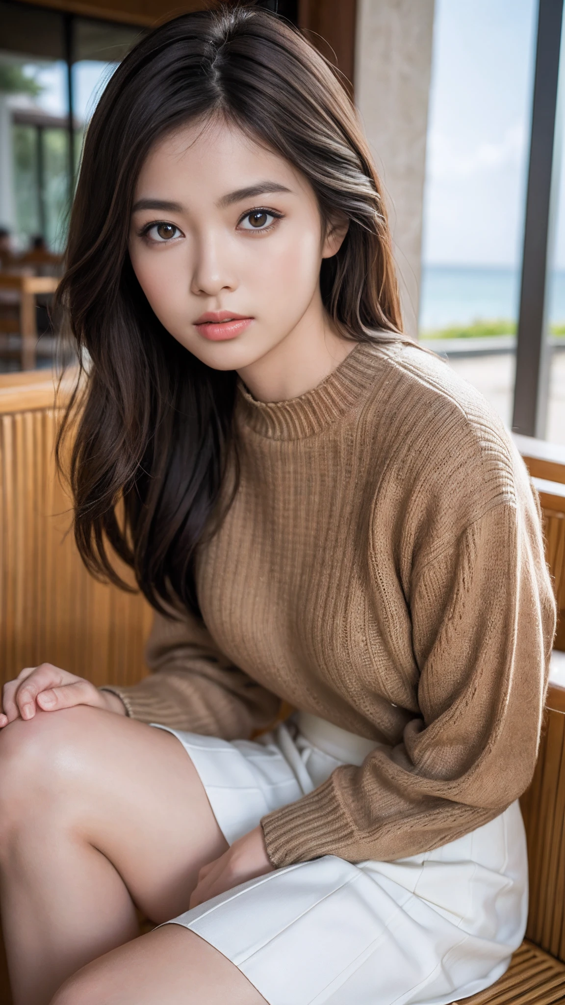 Top Quality, Masterpiece, Ultra High Resolution, (Photorealistic: 1.4), Raw Photo, Single Indonesia Girl, Brown Dark Hair, Sea Resort Café, Natural Light, Above Knee Portrait,, Spring Sweater, White Skirt