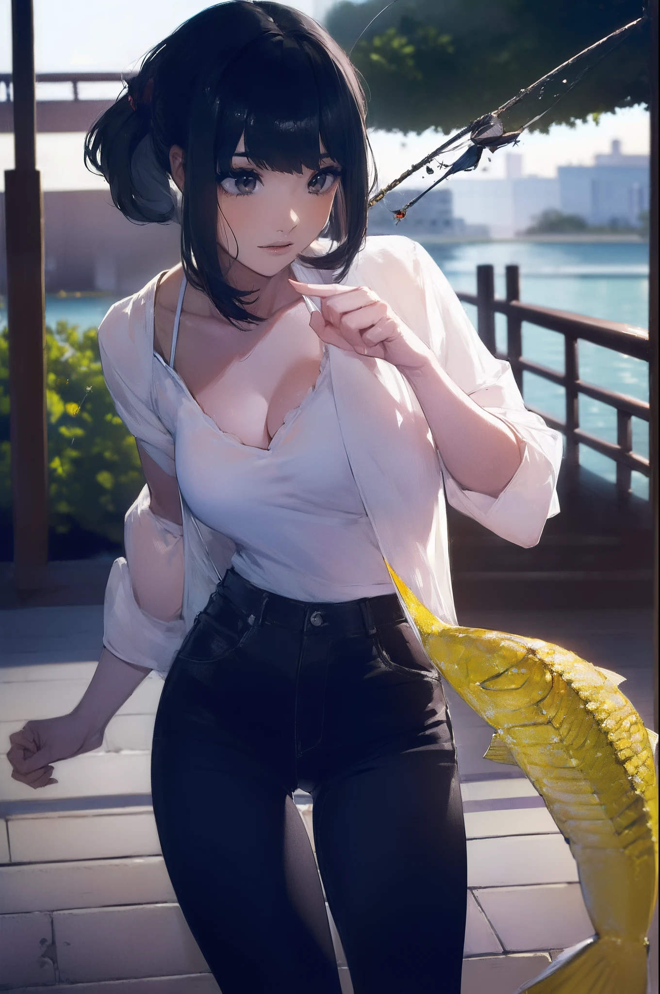 ((((catching a big fish by the lakeside:1.5)))),((Female 28 years old)),((Best Quality:1.5)),(((Hands with the correct number and structure of fingers:1.4))),((Big fish:1.37)),hight resolution,ultra-detailliert,​masterpiece,best qualtiy,(Eight-headed body),Black hair, long eyes-lashes, Solid Circle Eyes, drop shadow, Atmospheric perspective,Super Detail, ccurate, small brest,(Black jacket and black jeans :1.1),top-quality, blurry backround, bokeh dof:1.2, (​masterpiece:1.3),  Atmospheric perspective,Super Detail,dynamic compositions,