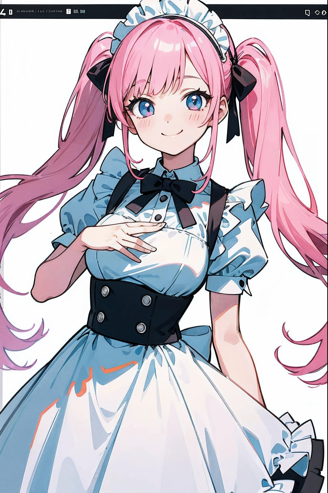 (finely best quality illustration:1.2), (kawaii girl:1.0), (1girl, solo:1.0), (pink hair, twintails:1.0), (maid:1.0), (smile:1.1), (ultra-detailed, highres, 4k:1.0),