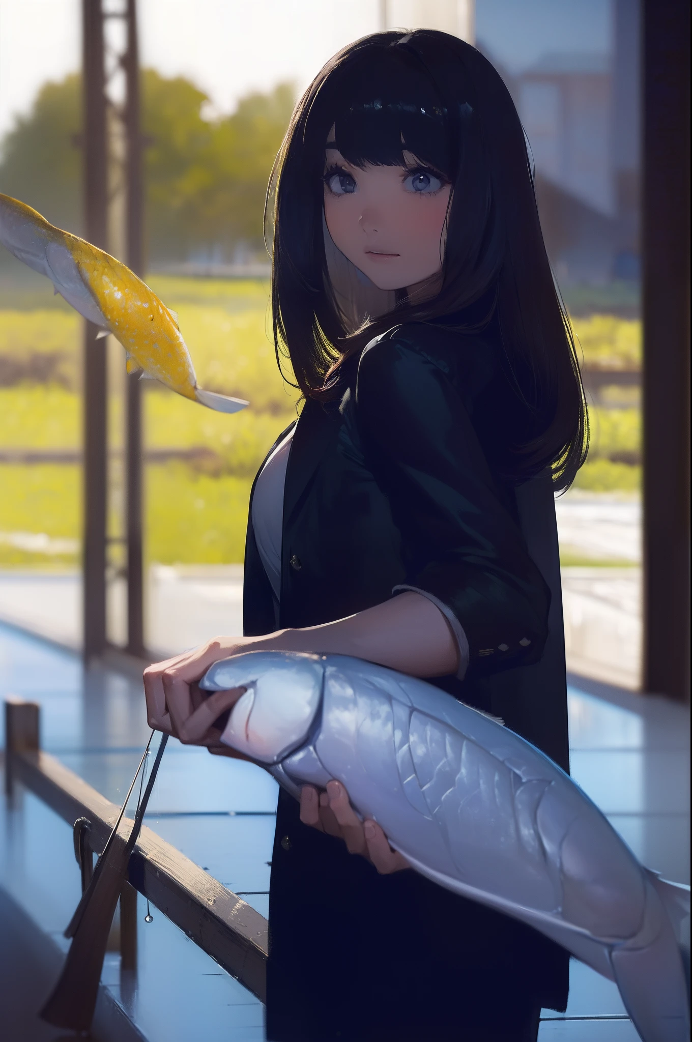 ((((catching a big fish by the lakeside:1.5)))),((Female 28 years old)),((Best Quality:1.5)),(((Hands with the correct number and structure of fingers:1.4))),((Big fish:1.37)),hight resolution,ultra-detailliert,​masterpiece,best qualtiy,(Eight-headed body),Black hair, long eyes-lashes, Solid Circle Eyes, drop shadow, Atmospheric perspective,Super Detail, ccurate, small brest,(Black jacket and black jeans :1.1),top-quality, blurry backround, bokeh dof:1.2, (​masterpiece:1.3),  Atmospheric perspective,Super Detail,dynamic compositions,