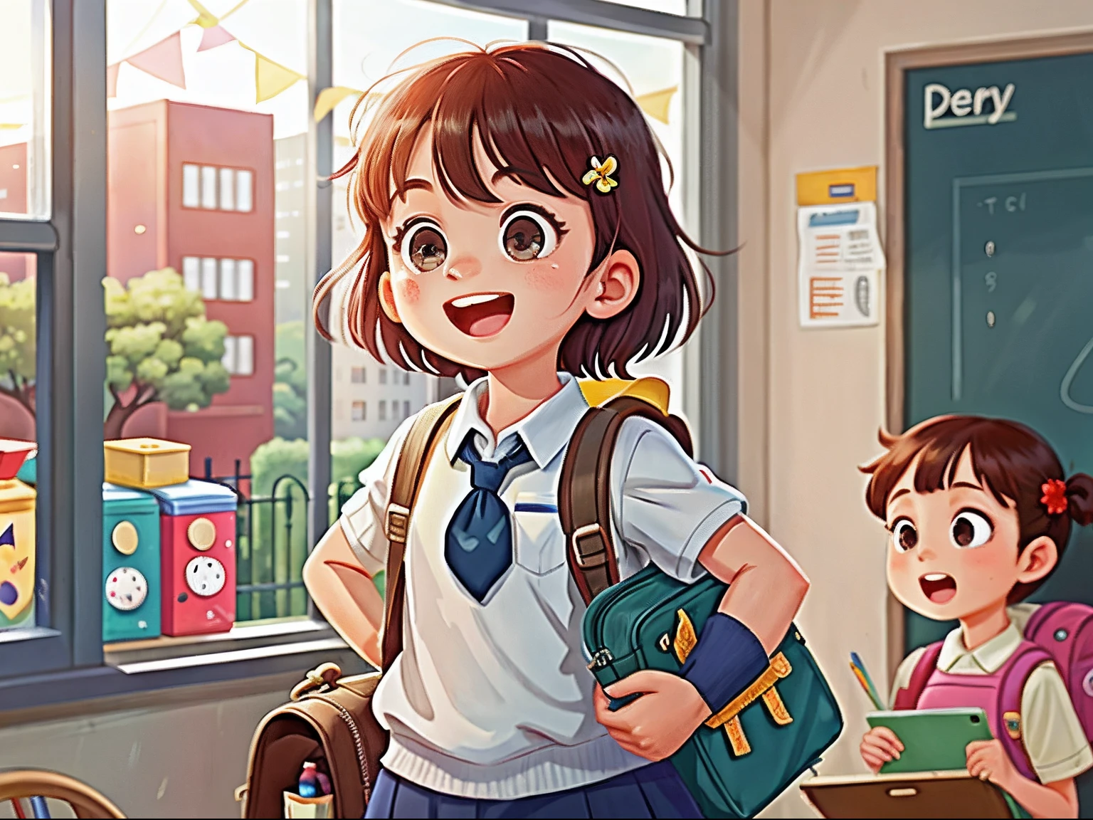 elementary student,Schoolboy girl,Carrying a school bag,Get out of the house,cheerfulness,Perfect quality,Clear focus(Clutter - home:0.8), (tmasterpiece:1.2) (realisticlying:1.2) (Bokeh) (best qualtiy) (detailedskin:1.3) (complexdetails) (8K) (detailedeyes) (Sharp focus),(having fun)
