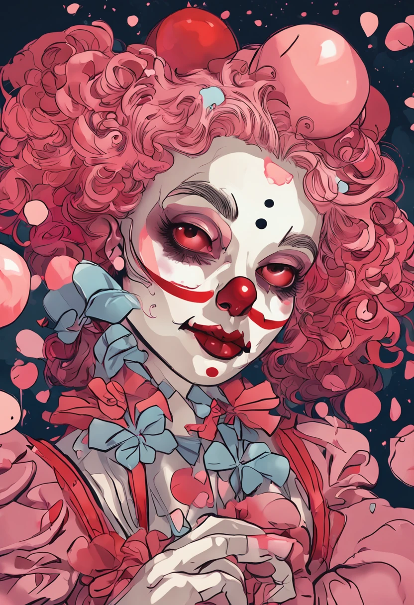 Clown Girl,closeup cleavage,brightly colored,Blood erupted from the surrounding enemies,Blood turns into rose petals,Gothic