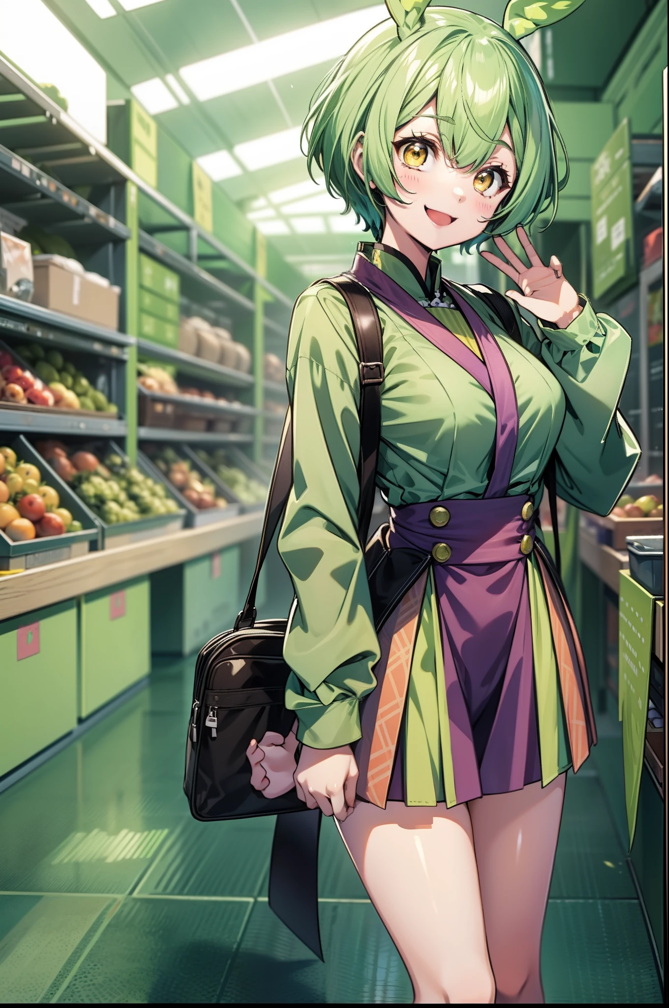 a beauty girl,Mixed yellow-green and yellow hair,short hair and wavy、,Gentle drooping eyes,large full breasts、校服,Manga style,fulcolor,hi-school girl,Bright smile,Big smile、Childlike smile、innocent smiles