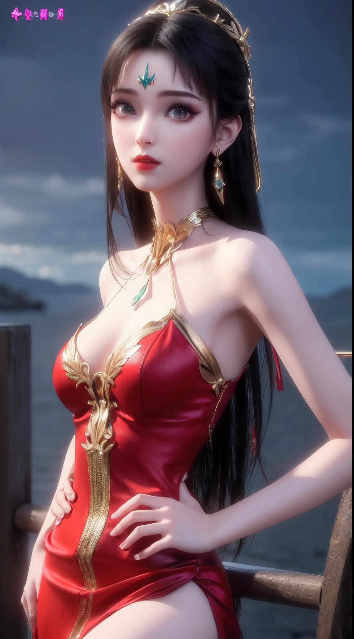 A girl from a magical world, wearing a thin, ((sexy red nightgown with black lace trim: 1.2)), deep slit shirt, long and silky black hair, the most beautiful and detailed hair jewelry, beautiful little face thin eyebrows, the most beautiful and spotless face, ((black iris:0.8)), the very beautiful eyes, big round eyes, ((purple color eyes:1.1)), fine and detailed makeup eyelashes, high nose, wearing earrings, small red lips, rosy face, clean face, beautiful face without blemish, smooth white skin, ((big breasts: 0.9)), Blums boobs, ((big and super round breasts:0.9)), ((super tight breasts:1.2)), ((breast augmentation: 0.8)), beautiful breasts, slim and petite body, ((thin waist: 0.9)), sexy girl, skirt, 8k photo, super high quality, super realistic, 10x super pixels, photo realistic, dark studio, border light, two tone light, (detailed skin high: 1.2), 8k uhd, dslr, soft light, high quality, volumetric light, candid, Photo, high resolution, light, best photo, 4k quality, 8k, Bokeh, Smooth and sharp, pixel up 10 times, (background space: 1.8), (galaxy: 1.7), aurora, lightning, super graphics, the most realistic graphics,(Aurora Background: 1.8), alone, solo, upper body, portrait 9:16, Extremely sharp, super realistic images,