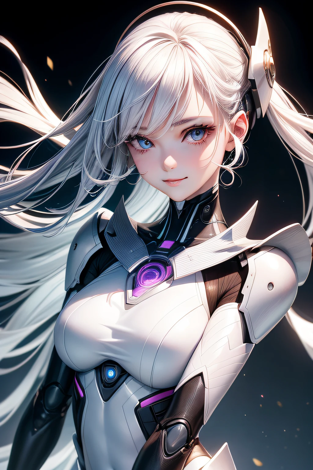 Hyper-realistic,Live action photos,stunning beauty,half - body shot,Man in pink metal mechanical skirt on solid ground,Woman with hair in silver-white shawl, 3 D rendering character art 8 K, Cyborg - white-haired girl, Beautiful Female Android!, Beautiful Female Android, perfect android girl, beautiful android woman, smooth digital concept art, smooth 3d cg render,, SCI - FI Characters, beautiful robot character design,ssmile,largeeyes,The upper part of the body,Cute delicate face, Extremely beautiful face, Beautiful delicate face, Stunning anime face portrait, beautiful aesthetic face, Detailed beautiful face, girl cute-fine face, Realistic beautiful face, beautiful realistic face, beautiful and realistic faces, girl with white eyes,Right shoulder,Blue has the eye of God,Super delicate and smooth skin,Asian Face Shapes,Girls futuristic white and pink shiny metallic silver white white long dress,Smile without showing your teeth,ssmile,二重まぶた,Purple pupils,largeeyes,Transparent hair,Show your upper body,elongated arms,White skin of the,True ambient color,Young face of 20 years old,The eyes are crystal clear,Reduce interpupillary distance,Smile on her lips,Happy expression,Purple eyeshadow,straight nose,rosy lips,Full facial features,18-year-old girl,Erotic smile,Full face photo of the front of the face,Bright environment,Dress conservatively,slick skin,shawl hair