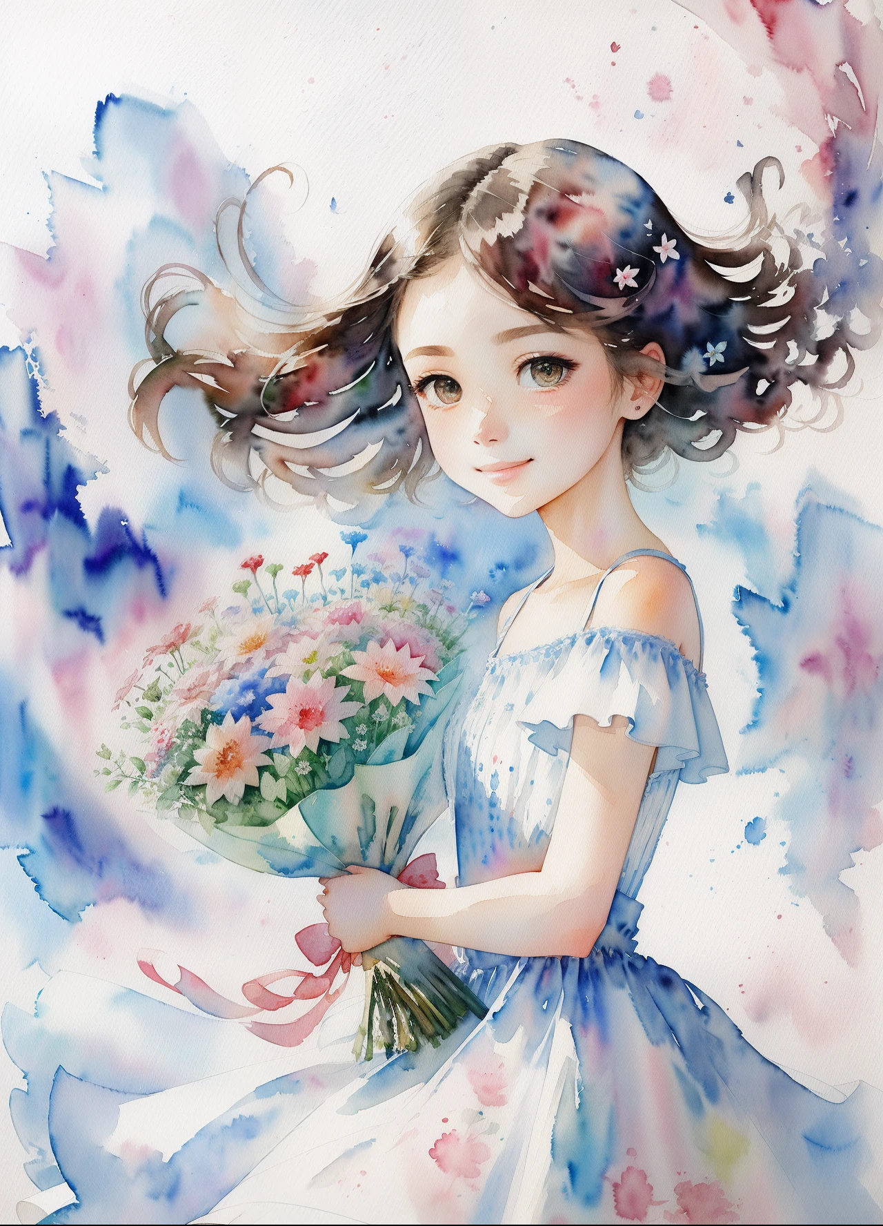 (tmasterpiece、top-quality、illustratio、Extremely high quality、high-level image quality、Brush strokes in watercolor)A slight smile、Young girls、She has a large bouquet、Lovely dress、Hair fluttering in the wind