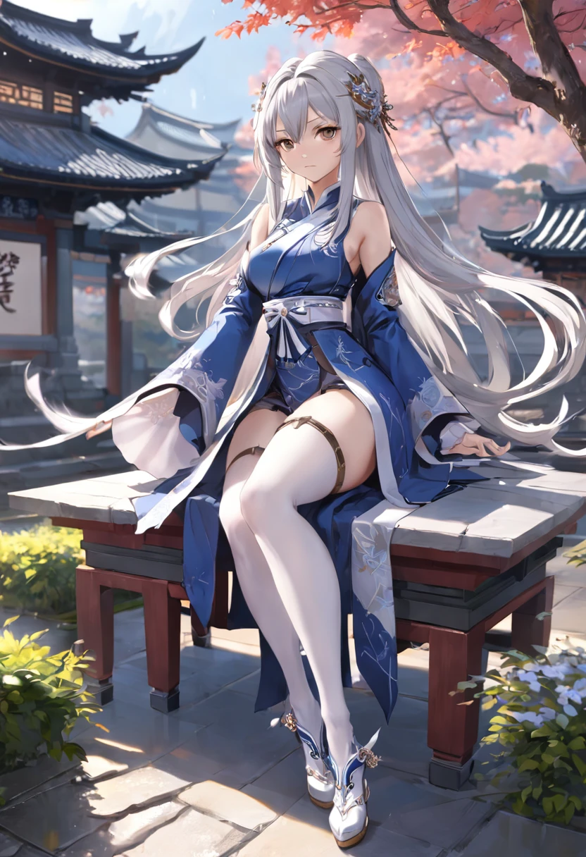 raiden mei (Valkyrie blade strikes), {Game CG}, Office Lady, Very long hair, {{Skinny}}, {{Mature female}}, Slim legs, Best quality, Masterpiece, Detailed, Outdoors, Suzhou Garden, Chinese clothes, {{Black pantyhose}}, White footwear, High heels, Sitting, floral decorations, silver decoration, Footwear decoration,,The beautiful,Moving,cinematic lighting, UHD, masterpiece, textured skin, super detail, high details, high quality, award winning, best quality