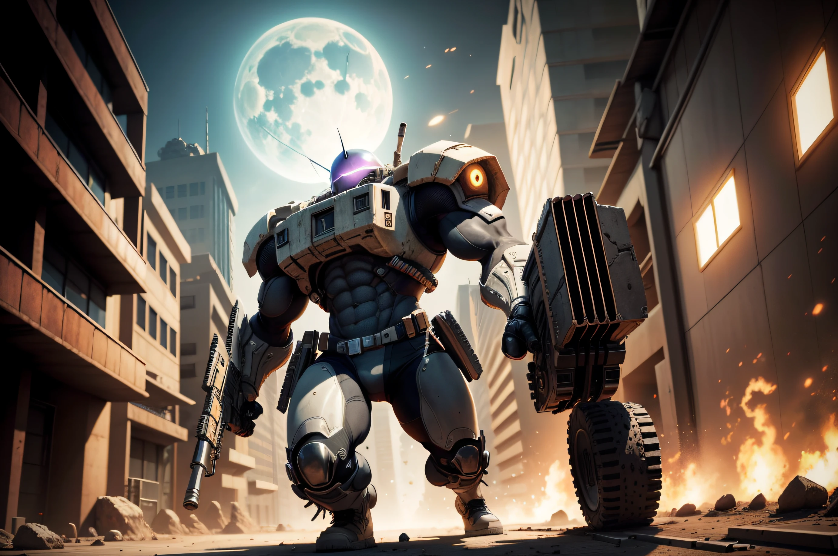 First-person view of the game location in the game Serious Sam 3 with a large futuristic machine gun in his hands, background from the game Serious Sam 3, a lot of running monsters, Serious Sam shoots at them, freeze frame, game location, Texture smoothing, Dynamic lighting, Octane rendering, masterpiece