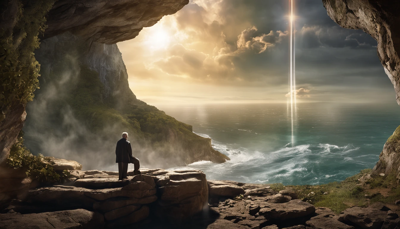 crie uma imagem realista na horizontal,  where an older man is raptured to heaven and finds the throne of God. the image needs to reflect the passage in the Bible where Paul describes his rapture.