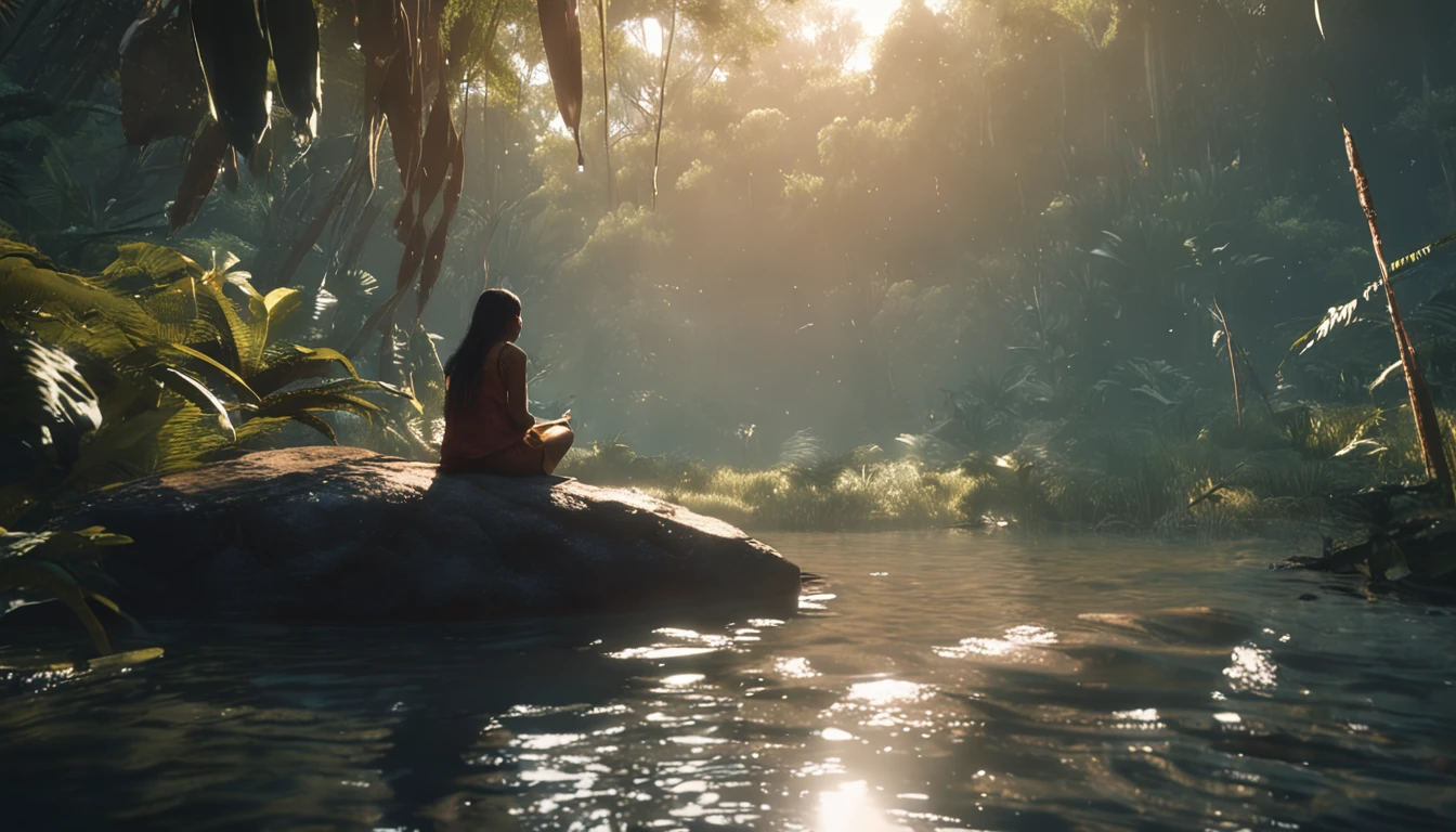 Indigenous girl sitting on a rock in the Amazon River, anime exuberante john 8k madeiras, Atey Ghailan 8 K, Harp playing in the magical forest, em estilo de atey ghailan, inspirado em Atey Ghailan, pleasant environment, forest setting, autor：Fujita Goro, cinematic forest lighting, 4K分辨率