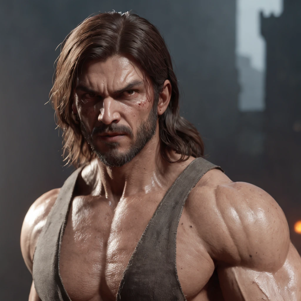 (professional 3d render:1.3) af (Realistic:1.3) most beautiful artwork photo in the world，Features soft and shiny male heroes, ((Epic hero fantasy muscle man rough wet hero angry look long hair short beard and ferocious expression in dynamic pose, Fantastic location, Majestic cluttered environment)), full body 8k unity render, action  shot, skin pore, very dark lighting, heavyshading, Detailed, Detailed face, (vibrant, photograph realistic, Realistic, Dramatic, Dark, Sharp focus, 8K), (Old leather garments damaged by weathering:1.4), ((((Wear fur)))), (Intricate:1.4), decadent, (Highly detailed:1.4), Digital painting, rendering by octane, art  stations, concept-art, smooth, Sharp focus, illustration, Art germ, (loish:0.23), wlop ilya kuvshinov, and greg rutkowski and alphonse mucha gracias, (Global illumination, Studio light, volumettic light), heavy rain, particles floating, lotr, fantasy, elf, full bodyesbian, ((Dark and ancient city background:1.3)),CGSesociety,art  stations
