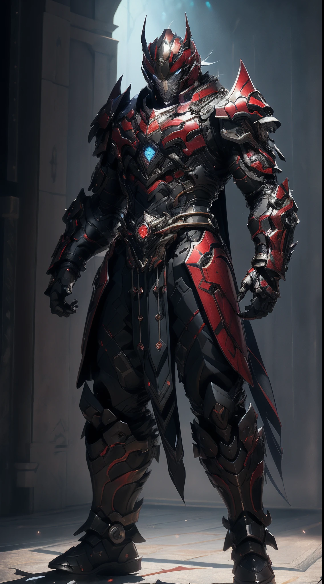 A man wearing a full-face helmet that covers most of his face, Decorated in bionic fantasy style armor, The black design, which is dominated by black, emphasizes the red texture,dynamicposes,This character embodies an elaborate fantasy-style armored warrior design in the anime, Characterized by a refined and mature manga art style, ((concept art of character)), Full body character drawing, High definition, Best quality, Ultra-detailed, Extremely delicate, Anatomically correct, Symmetrical face, Extremely detailed eyes and face, High quality eyes, creativity, RAW photo, hyper HD, 16k, (Natural light, Cinematic lighting, Masterpiece:1.5)
