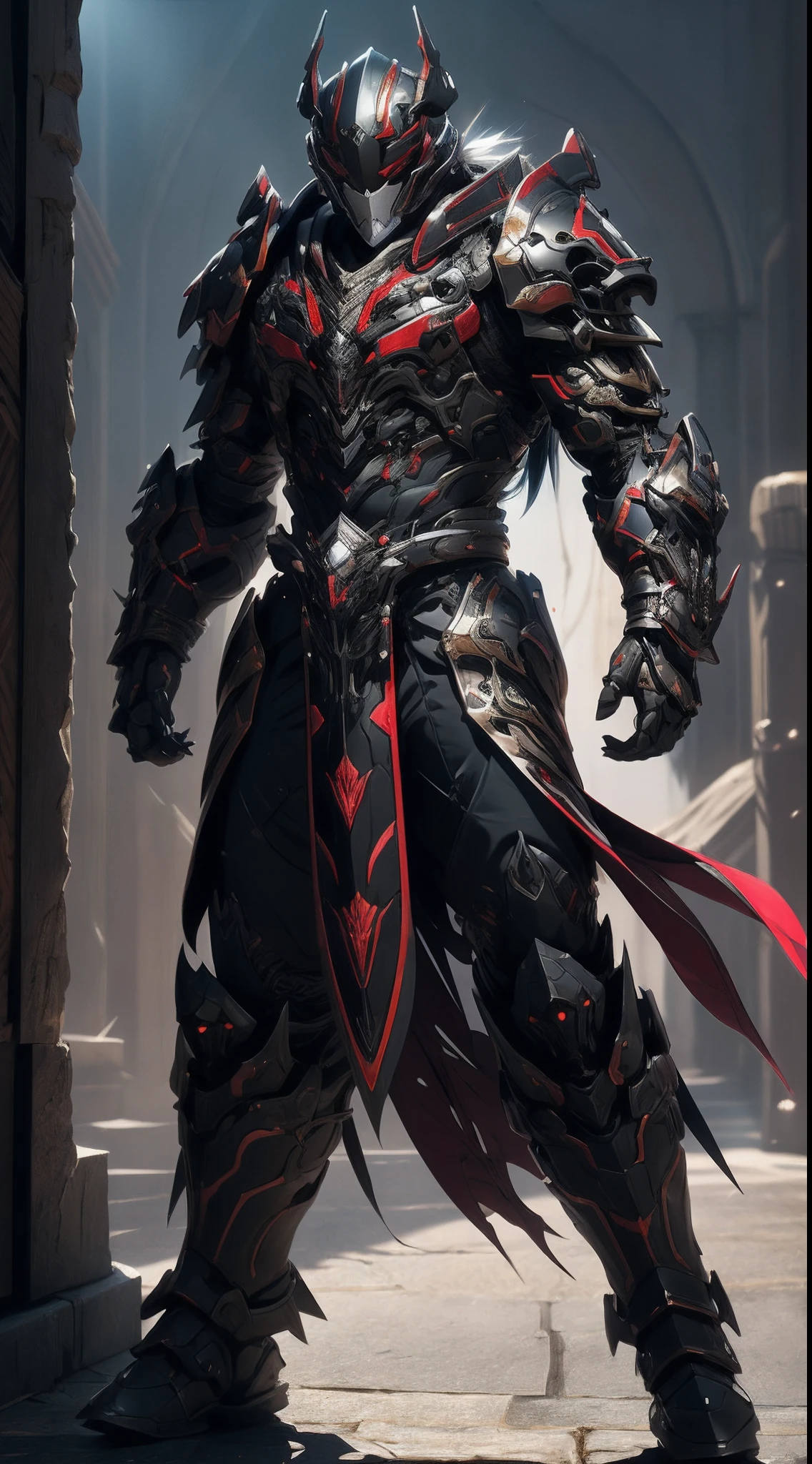 A man wearing a full-face helmet that covers most of his face, Decorated in bionic fantasy style armor, The black design, which is dominated by black, emphasizes the red texture，dynamicposes，This character embodies an elaborate fantasy-style armored warrior design in the anime, Characterized by a refined and mature manga art style, ((concept art of character)), Full body character drawing, High definition, Best quality, Ultra-detailed, Extremely delicate, Anatomically correct, Symmetrical face, Extremely detailed eyes and face, High quality eyes, creativity, RAW photo, hyper HD, 16k, (Natural light, Cinematic lighting, Masterpiece:1.5)