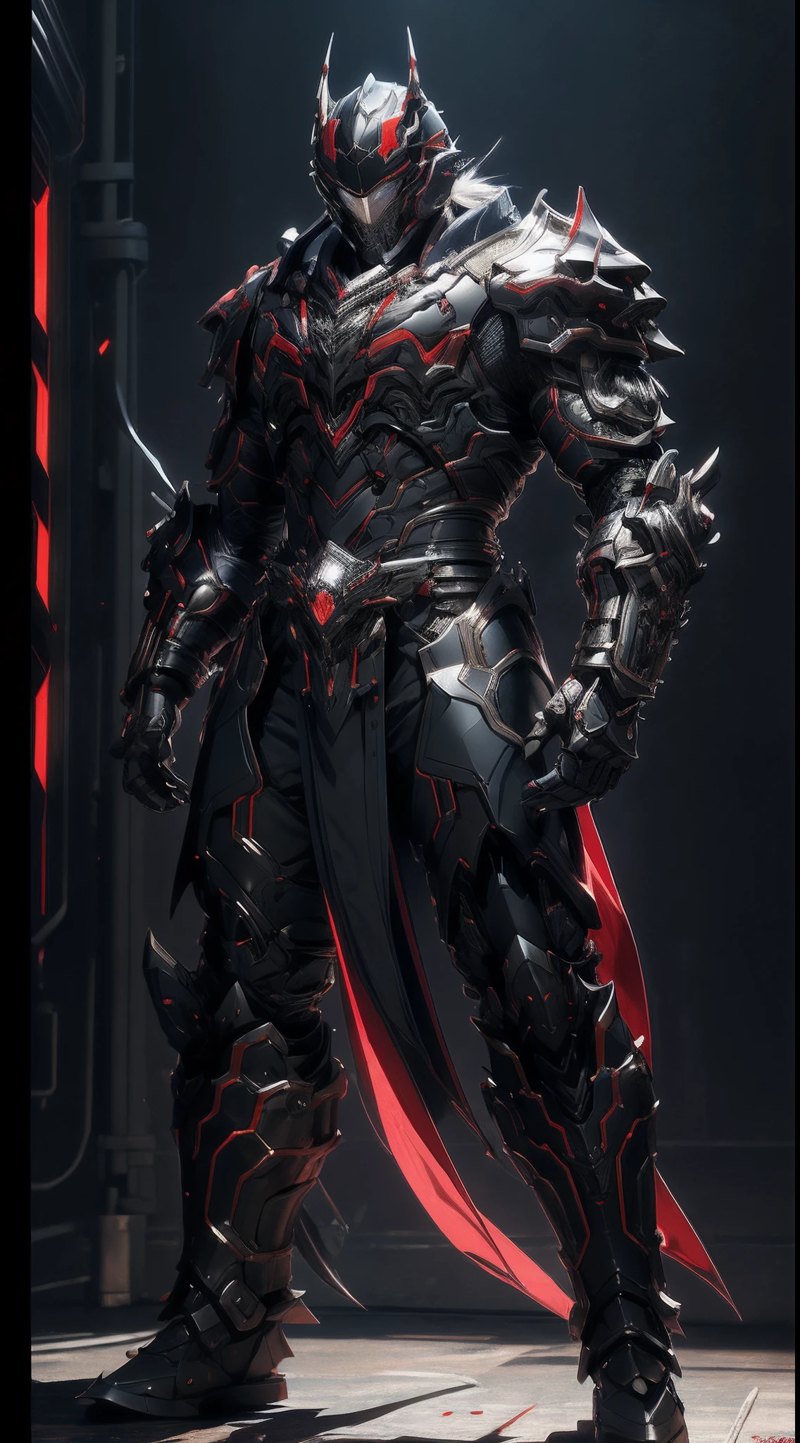 A man wearing a full-face helmet that covers most of his face, Decorated in bionic fantasy style armor, The black design, which is dominated by black, emphasizes the red texture，dynamicposes，This character embodies an elaborate fantasy-style armored warrior design in the anime, Characterized by a refined and mature manga art style, ((concept art of character)), Full body character drawing, High definition, Best quality, Ultra-detailed, Extremely delicate, Anatomically correct, Symmetrical face, Extremely detailed eyes and face, High quality eyes, creativity, RAW photo, hyper HD, 16k, (Natural light, Cinematic lighting, Masterpiece:1.5)