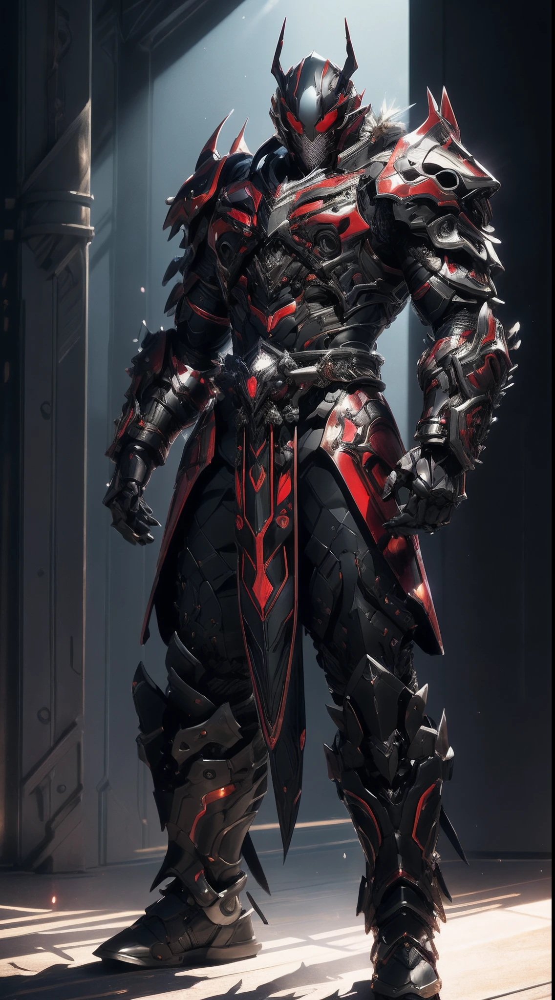 A man wearing a full-face helmet that covers most of his face, Decorated in bionic fantasy style armor, The black design, which is dominated by black, emphasizes the red texture，dynamicposes，This character embodies an elaborate fantasy-style armored warrior design in the anime, Characterized by a refined and mature manga art style, ((concept art of character)), Full body character drawing, High definition, Best quality, Ultra-detailed, Extremely delicate, Anatomically correct, Symmetrical face, Extremely detailed eyes and face, High quality eyes, creativity, RAW photo, hyper HD, 16k, (Natural light, Cinematic lighting, Masterpiece:1.5)