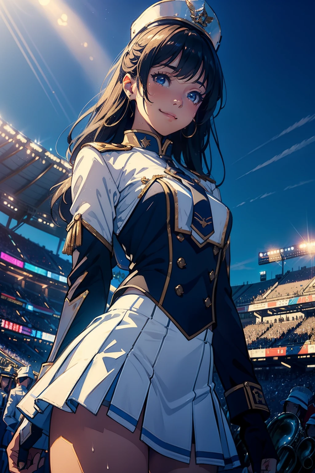 masterpiece, top-quality, Detailed details, Detailed landscapes, beatiful lights, one girls,26 year old,a smile,Glistening sweat,detailed skin textures,((Marching Band))、stadio、(blue-sky)、llight rays、a miniskirt,High contrast,super low angle