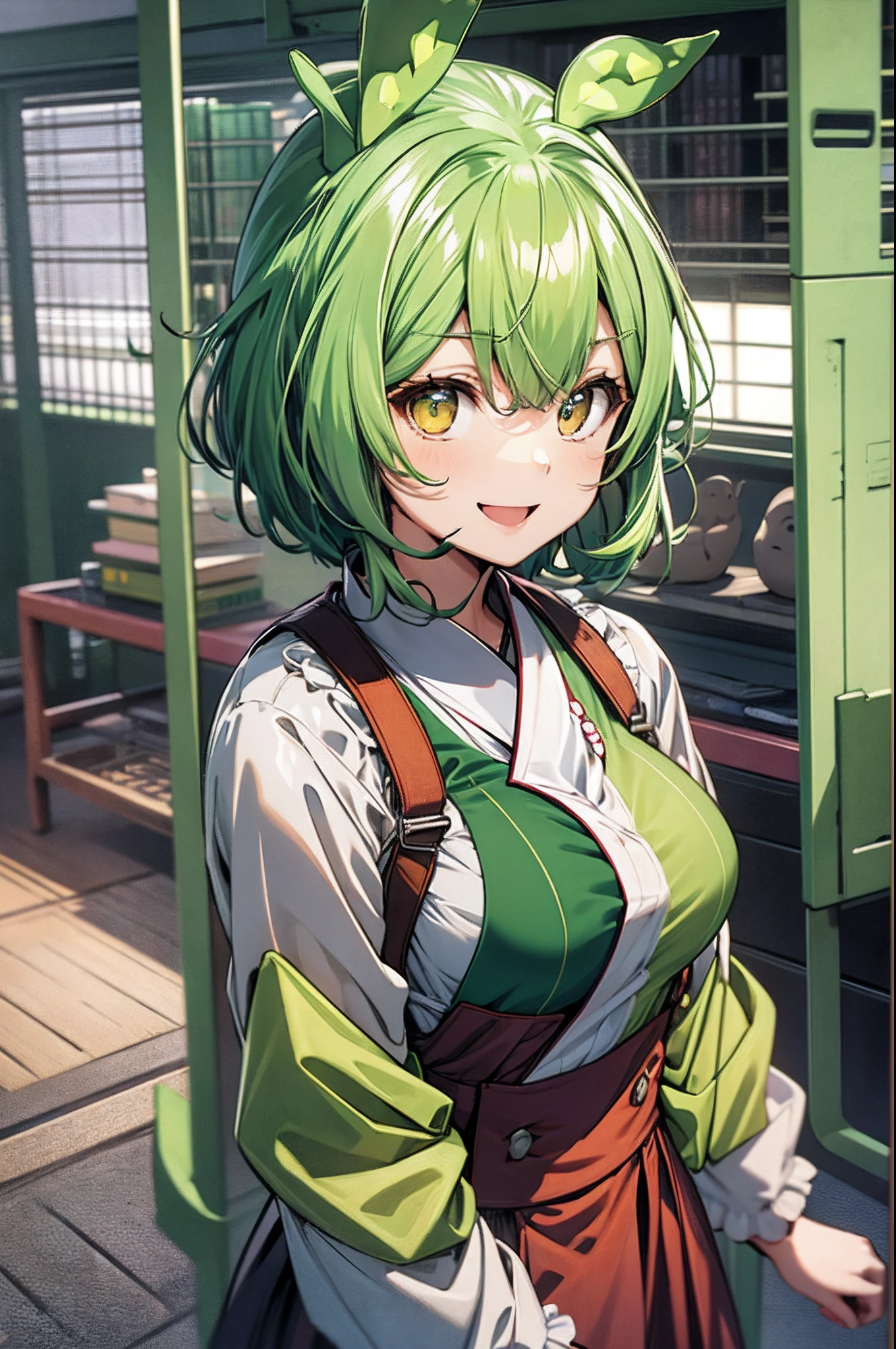 a beauty girl,Mixed yellow-green and yellow hair,short hair and wavy、Gentle drooping eyes,large full breasts、校服,Manga style,fulcolor,hi-school girl,Bright smile,Big smile、Childlike smile、innocent smiles