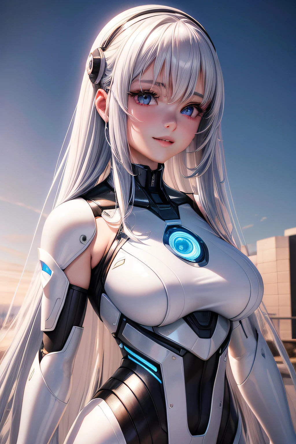 Hyper-realistic,Live action photos,stunning beauty,half - body shot,Man in pink metal mechanical skirt on solid ground,Woman with hair in silver-white shawl, 3 D rendering character art 8 K, Cyborg - white-haired girl, Beautiful Female Android!, Beautiful Female Android, perfect android girl, beautiful android woman, smooth digital concept art, smooth 3d cg render,, SCI - FI Characters, beautiful robot character design,ssmile,largeeyes,The upper part of the body,Cute delicate face, Extremely beautiful face, Beautiful delicate face, Stunning anime face portrait, beautiful aesthetic face, Detailed beautiful face, girl cute-fine face, Realistic beautiful face, beautiful realistic face, beautiful and realistic faces, girl with white eyes,Right shoulder,Blue has the eye of God,Super delicate and smooth skin,Asian Face Shapes,Girls futuristic white and pink shiny metallic silver white white long dress,Smile without showing your teeth,ssmile,二重まぶた,Purple pupils,largeeyes,Transparent hair,Show your upper body,elongated arms,White skin of the,True ambient color,Young face of 20 years old,The eyes are crystal clear,Reduce interpupillary distance,Smile on her lips,Happy expression,Purple eyeshadow,straight nose,rosy lips,Full facial features,18-year-old girl,Erotic smile,Full face photo of the front of the face,Bright environment,Dress conservatively,slick skin,shawl hair