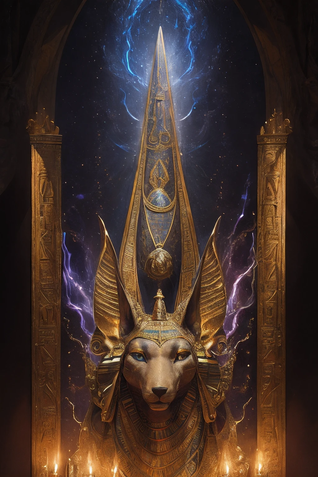 1man, portrait of godanubis in front altar with groups of egyptian, jackal head, swirl of fire, aura, magic, sparks, magic astral, ornate, details,