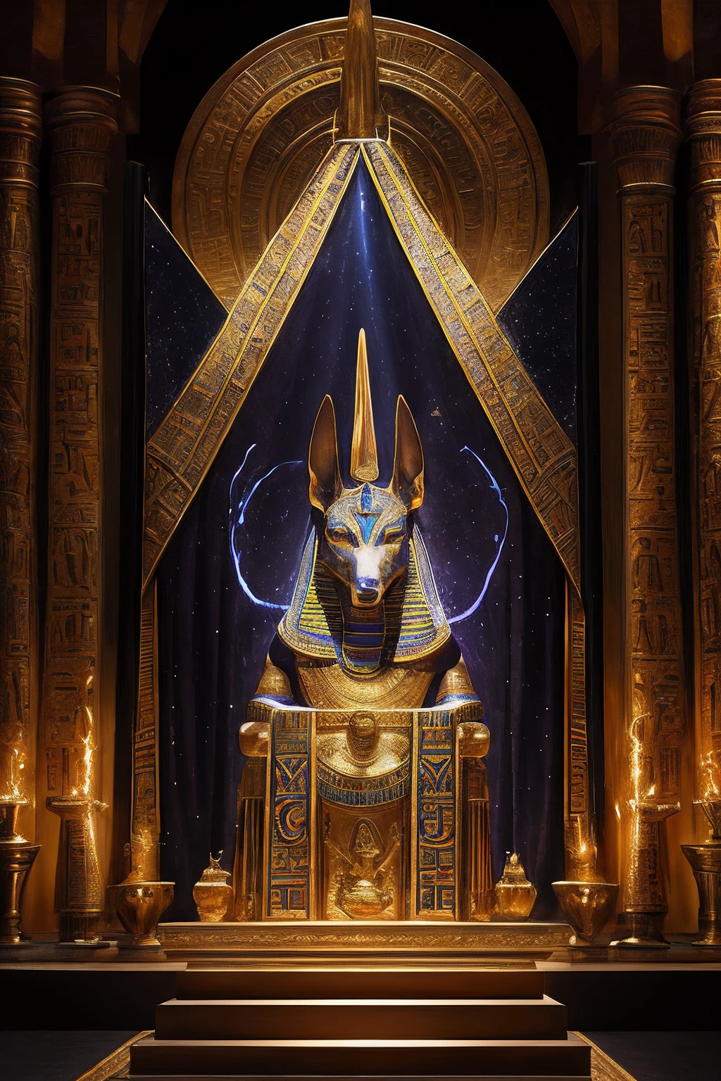 1man, portrait of godanubis in front altar with groups of egyptian, jackal head, swirl of fire, aura, magic, sparks,  magic astral, ornate, details,