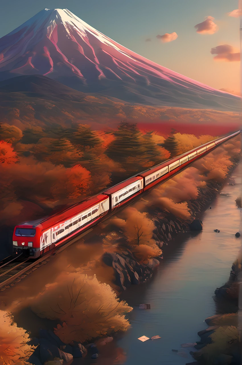 Landscape, under sunset, Mt. Fuji, Mt. Fuji on sunset, river, blue sky, autumn leaves on river side, sunset, railway, super express, complete with a vibrant and rich color palette, back light, (4k resolution concept art, inspiration from WLOP and Alberto Seveso), 3d render, octane render, intricately detailed, cinematic, trending on art station | Isometric | Centered hype realistic cover photo awesome full color, beautiful face, beautiful eyes, black eyes, detailed eyes, hand drawn, dark, gritty, realistic, 12k, intricate, hit definition , cinematic, Rough sketch, mix of bold dark lines and loose lines, photon mapping, ray tracing, luminous studio engine, Centered image.