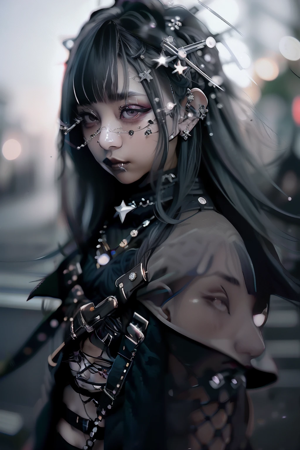 Flaming eye、bob cuts、Blunt bangs、(((A dark-haired))),eye glass、Lunette de soleil、piercings、Forehead、Blunt bangs、Eyebrows are visible、The bikini、goth_punk, 1girl in, 独奏, medium shot, Walking in Harajuku, ((during night)), bokeh dof, Neon light, Iridescent eyes, starrysky, White shiny hair, White eyebrows, Radiant hair, (iridescent white hair), 耳Nipple Ring, bangss, jewely, masks, bluntbangs, verd s eyes, Mouth mask, blurry backround, bblurry, hair adornments, Look at viewers, shorth hair, portraitures, side locks
