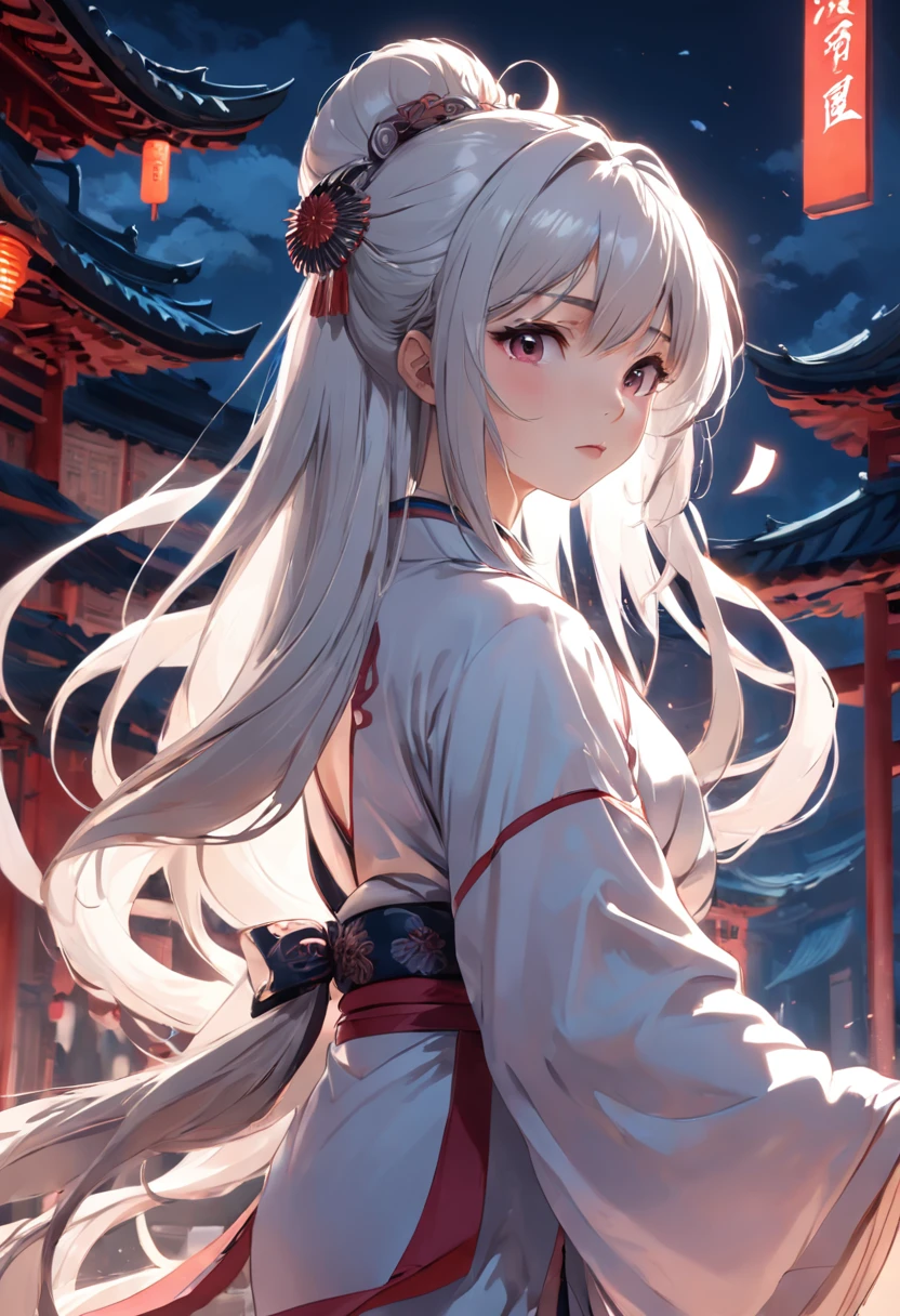 8K, Masterpiece, Best quality, Night, full moon, 1 girl, Chinese style, Chinese architecture, Mature woman, sister, Silver white long haired woman, Long hair, Light pink lips, calm, logical, bangs, Gray pupils, assassins, Fan, Knife fan, petal dancing, Delicate face,