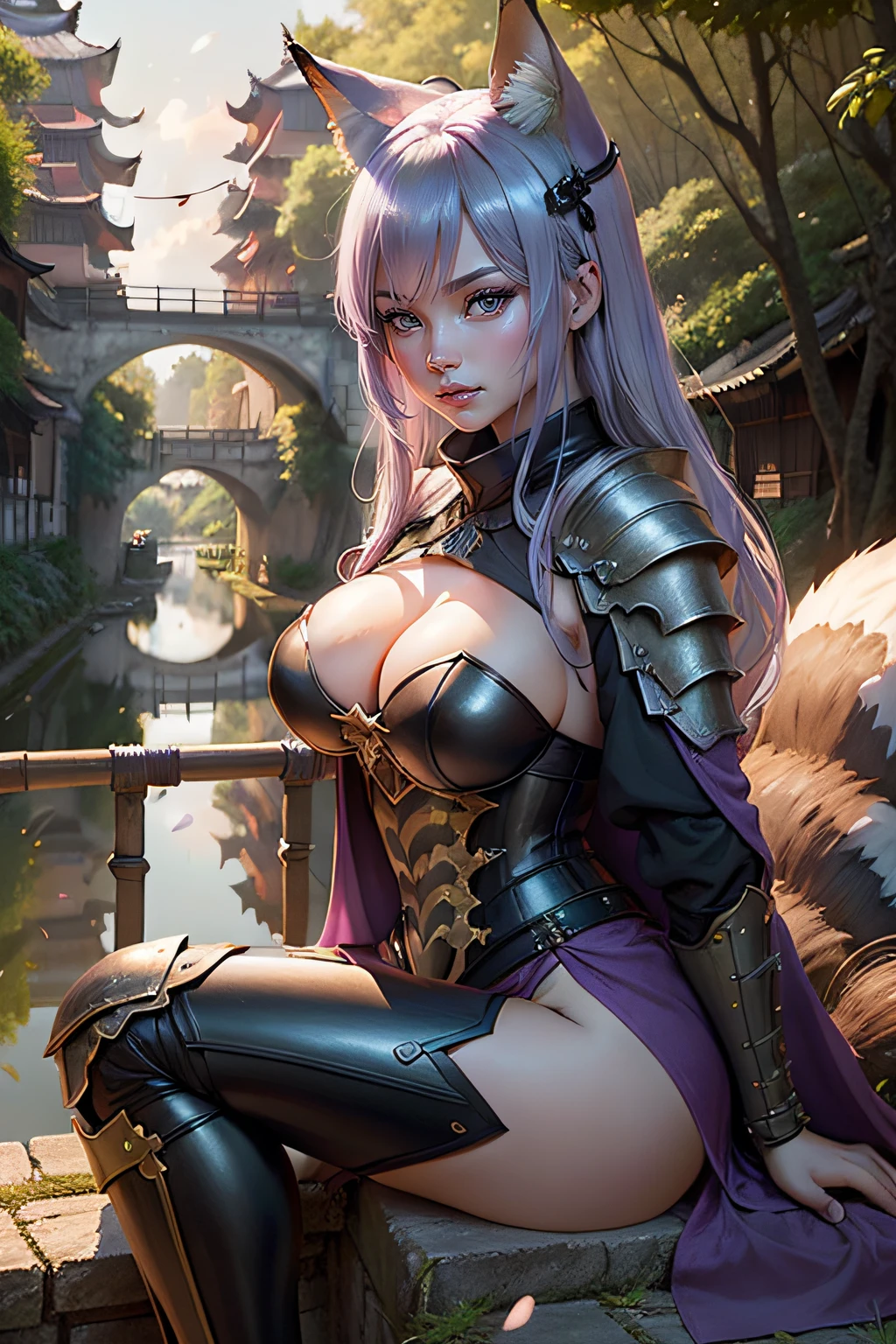 Armored dress,sword,Bamboo forest,bridge,canal,ventania,Golden hour lighting,in a spring,Painted in modern ink painting style,Modern ink painting,Fox tail,Fox ears,purple_Hair,Silver eyes,Crossed legs,Cinematic lighting,anime big breast,art book，Jiangnan Water Town
