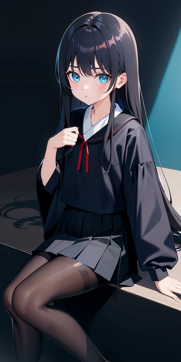 tmasterpiece、Need、Highest high resolution、Japanese high school girl、Three no girls、mano、Petite、Small chest、Dark blue top、a black pleated skirt、The slender legs are wearing dark black pantyhose、ccurateblack hair、Long straight hair, Turquoise blue eyes、Background with、Wallpaper phone
