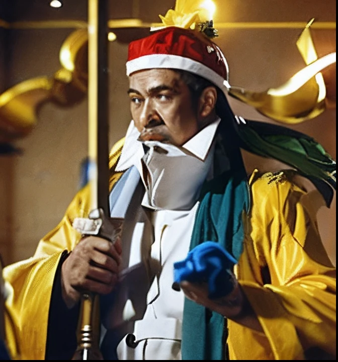 Paper man in mouth with sword and yellow robe