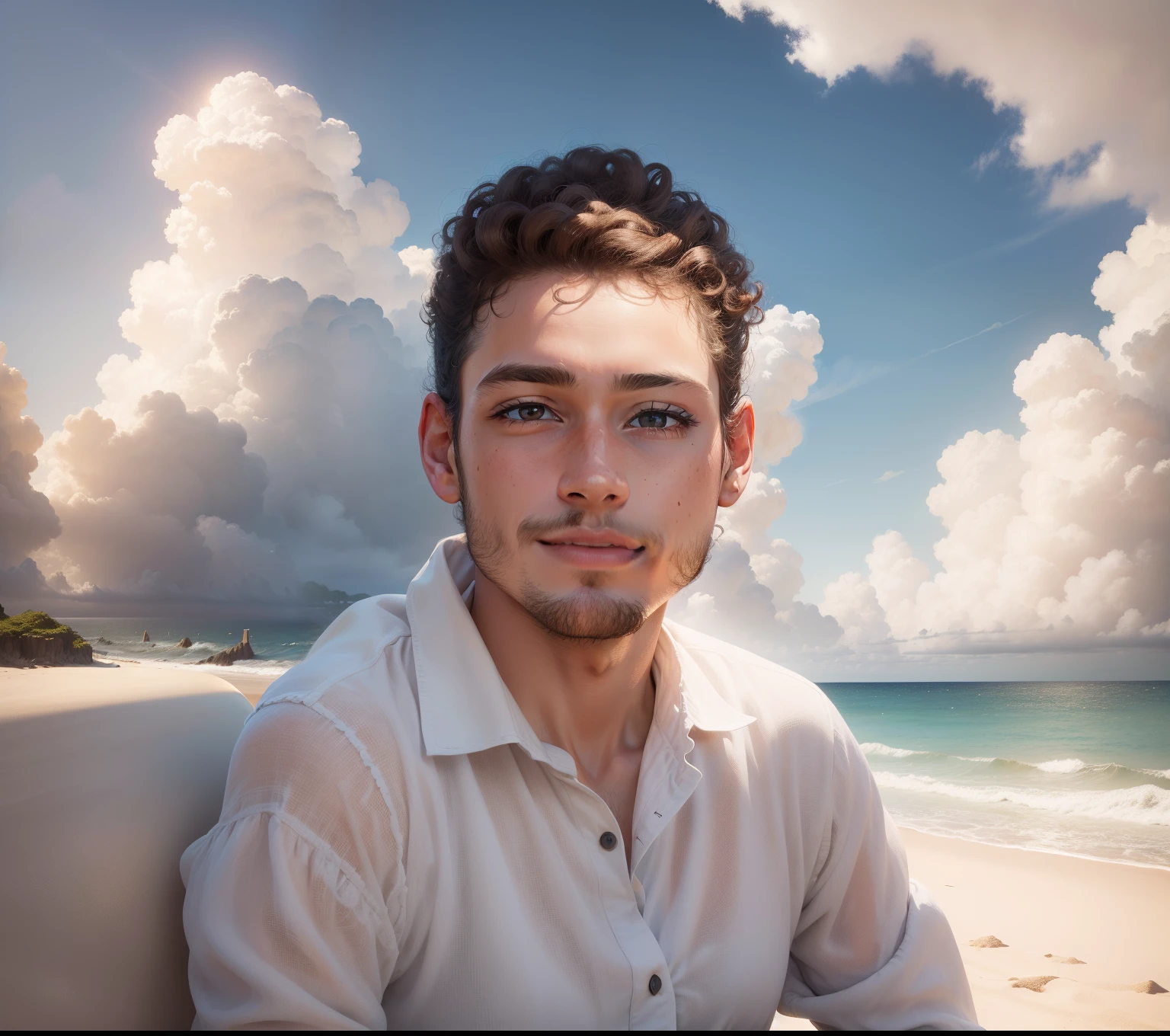 (absurdres, highres, ultra detailed), masterpiece, best quality, curly hair, finely eye and detailed face, beach, sunny sky and cloud,smiley face