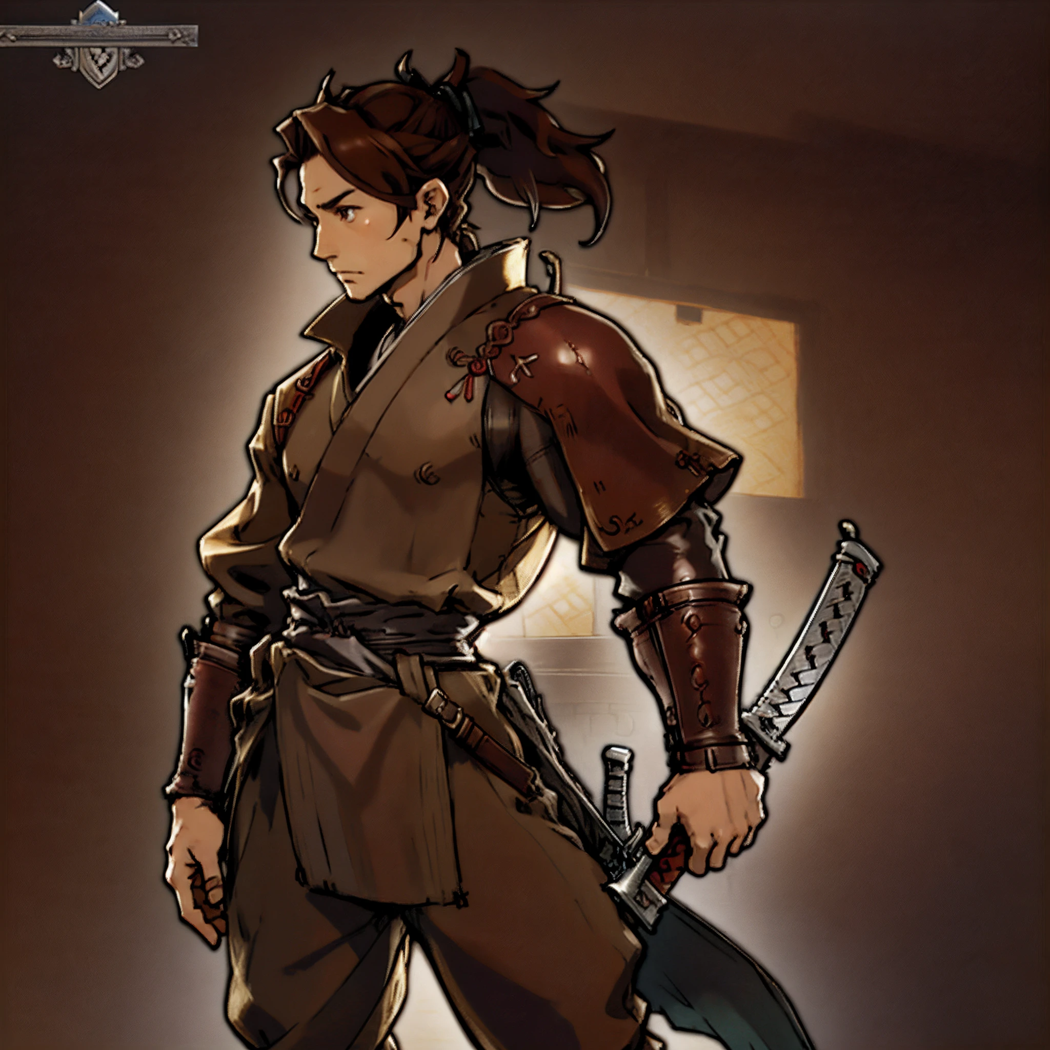 Game Art design, Octopath Traveler 2, 1boy, hikari ku, (solo:1.4), brown hair, ponytail, samurai warrior wearing a katana on his waist belt, japanese clothes with ornaments, yoroi, extremely detailed face and eyes, absurdes